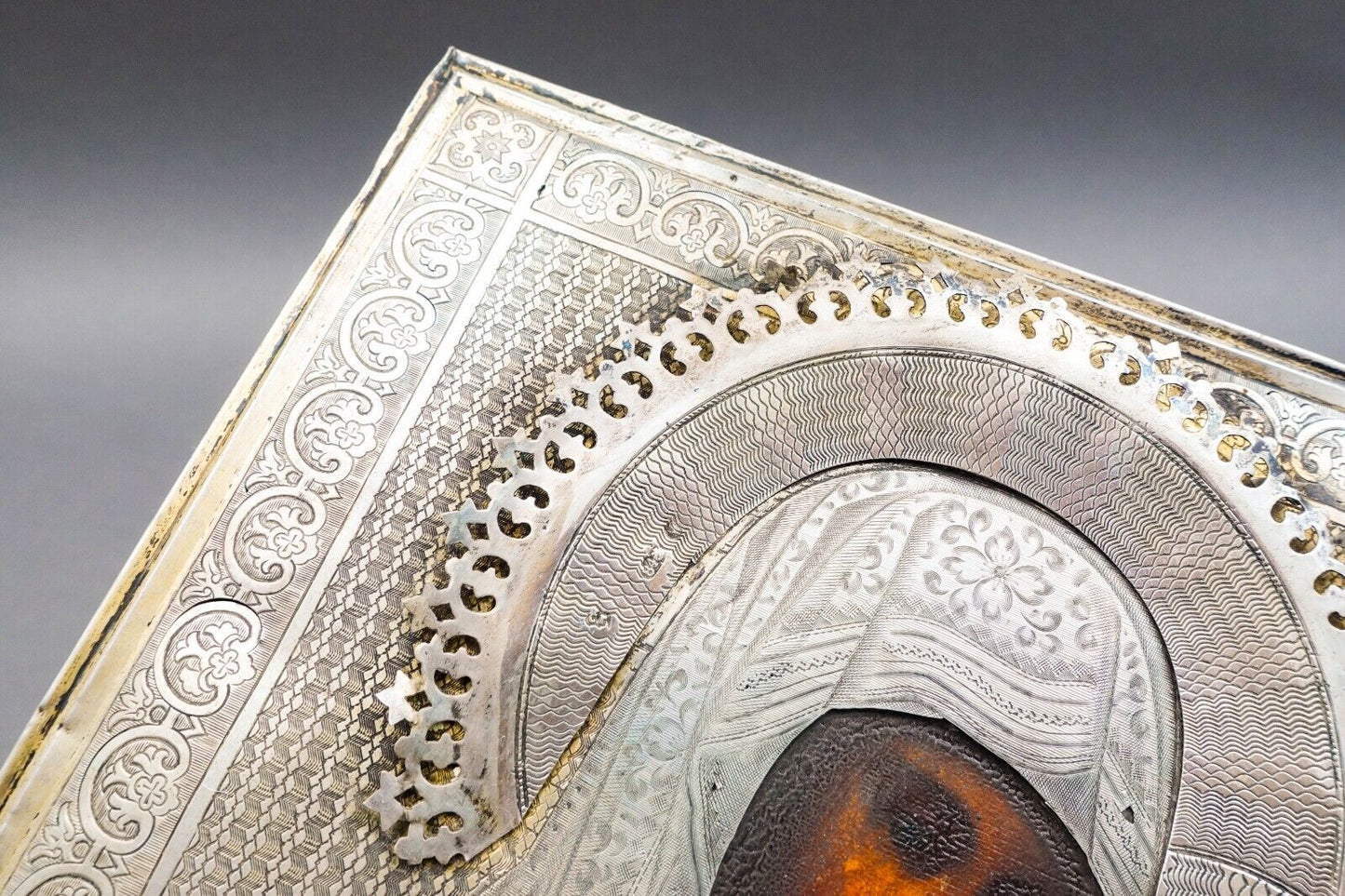 Antique 1893 Russian Icon Kazan Mother Of God Painting 84 Silver Frame (Read)