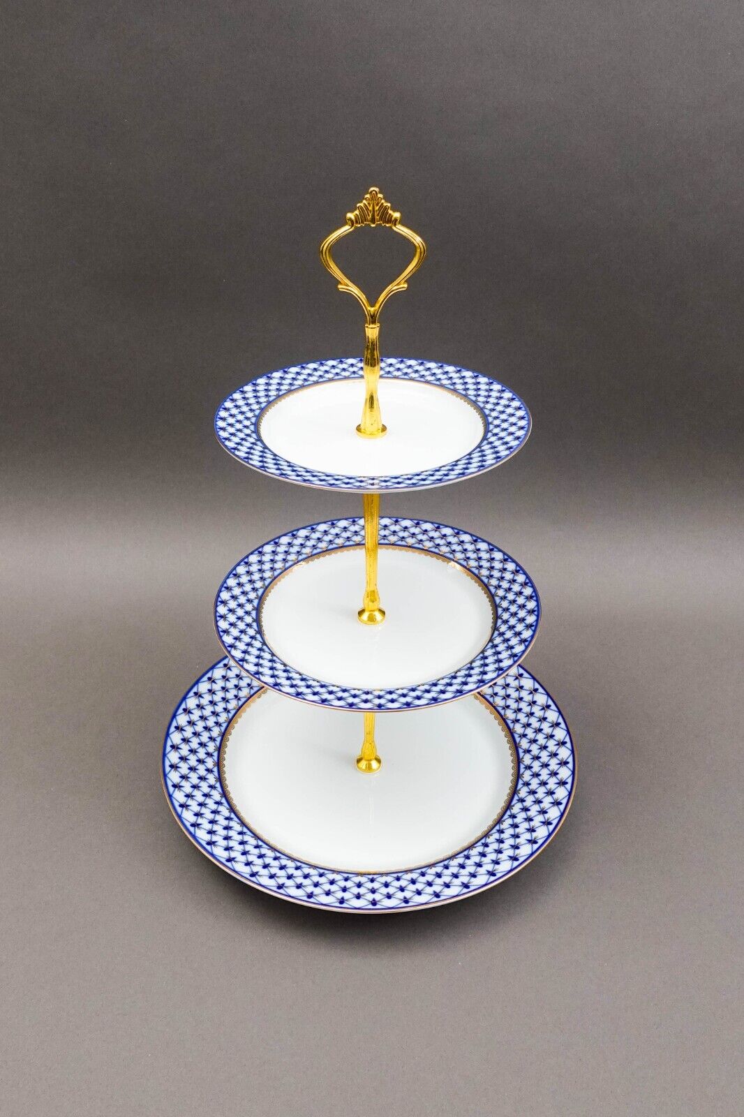 Lomonosov Russia Blue Gold Net Imperial Porcelain 3 Tier Dessert Cake Stand
