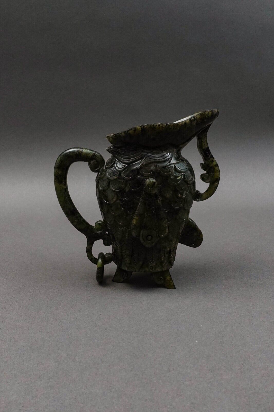 Chinese Carved Spinach Jade Carved Small Handled Pitcher