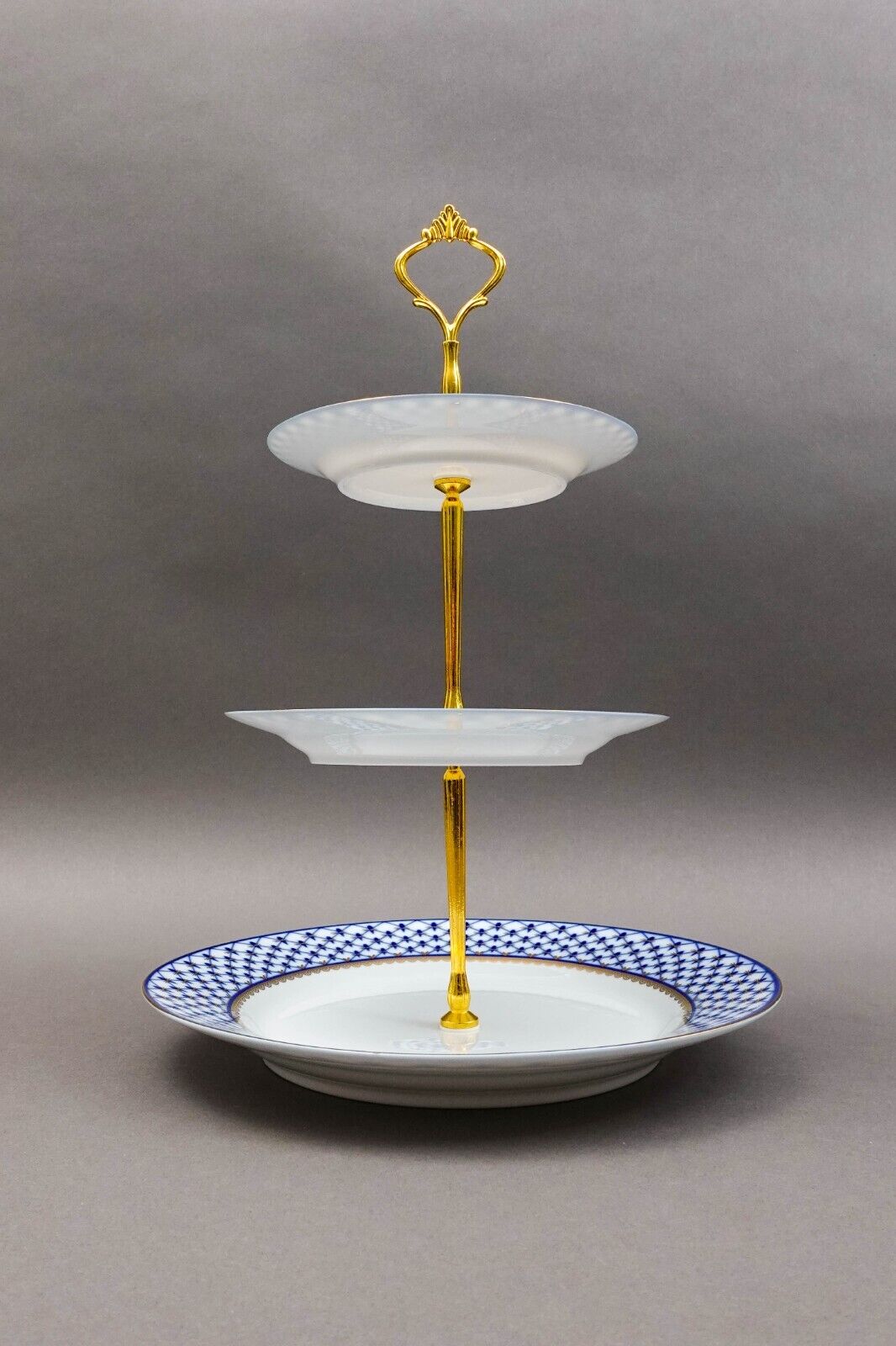 Lomonosov Russia Blue Gold Net Imperial Porcelain 3 Tier Dessert Cake Stand