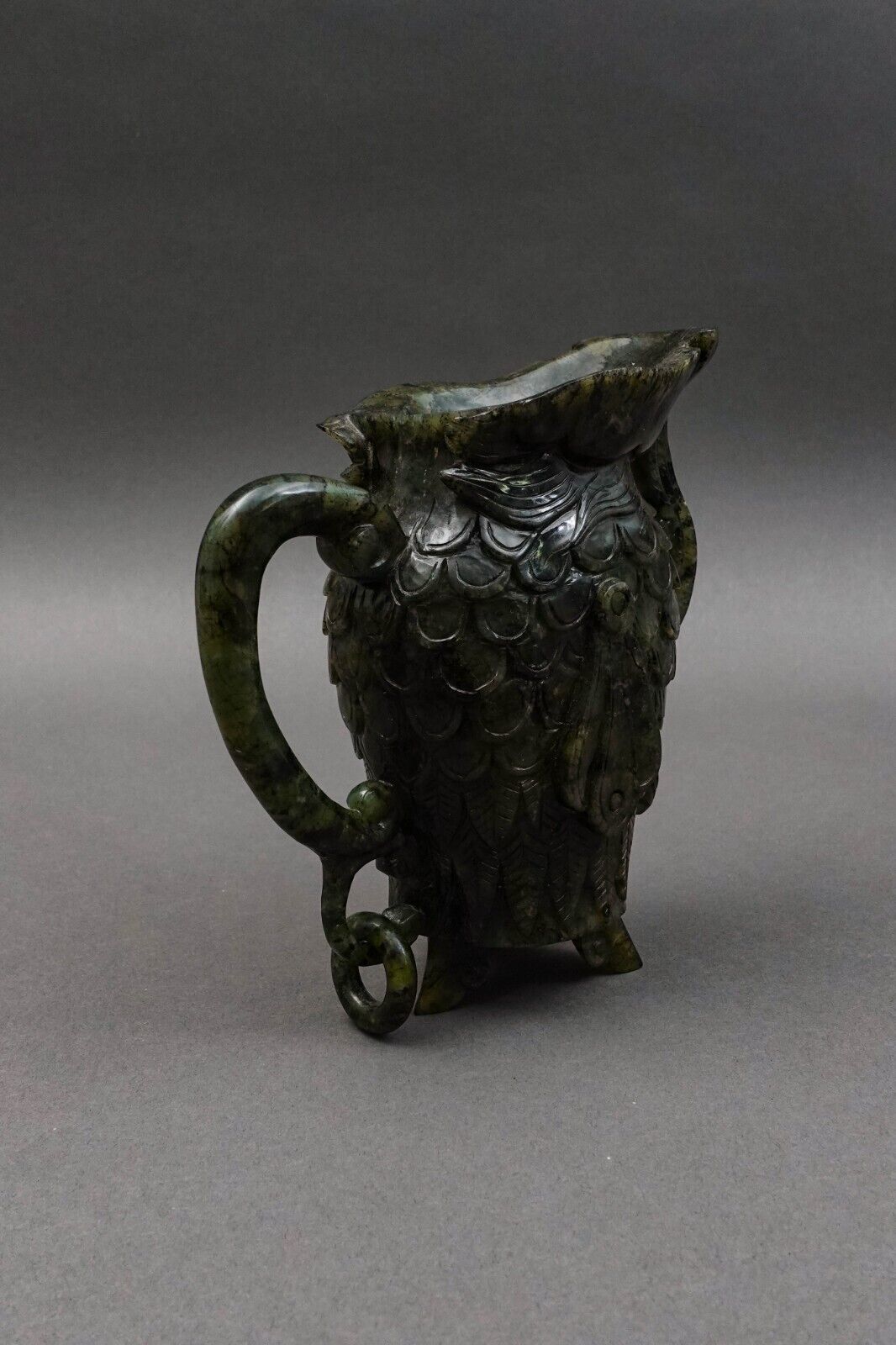 Chinese Carved Spinach Jade Carved Small Handled Pitcher