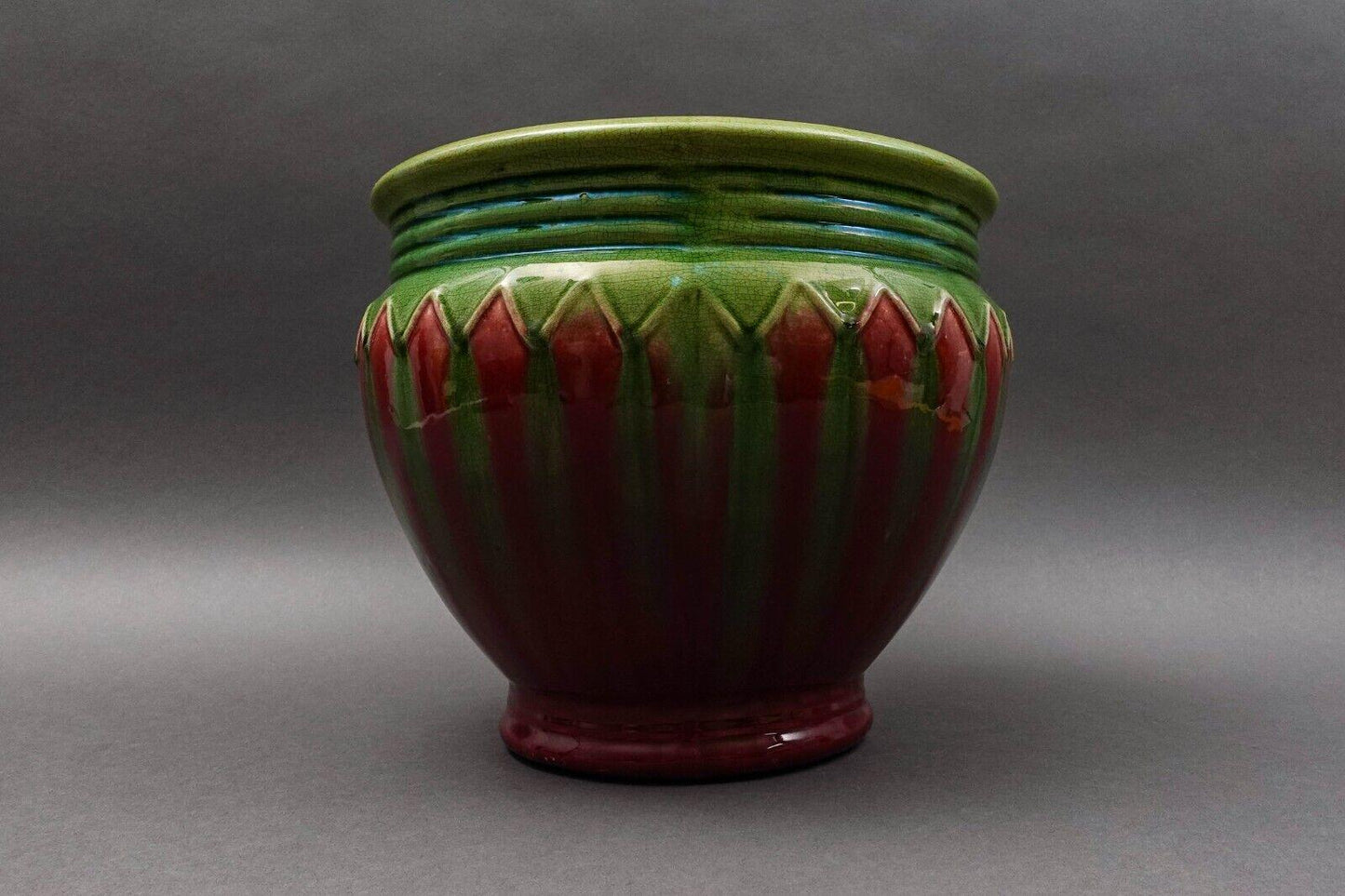 Weller Antique Green Red Blended Majolica Art Pottery Jardiniere Pot Planter