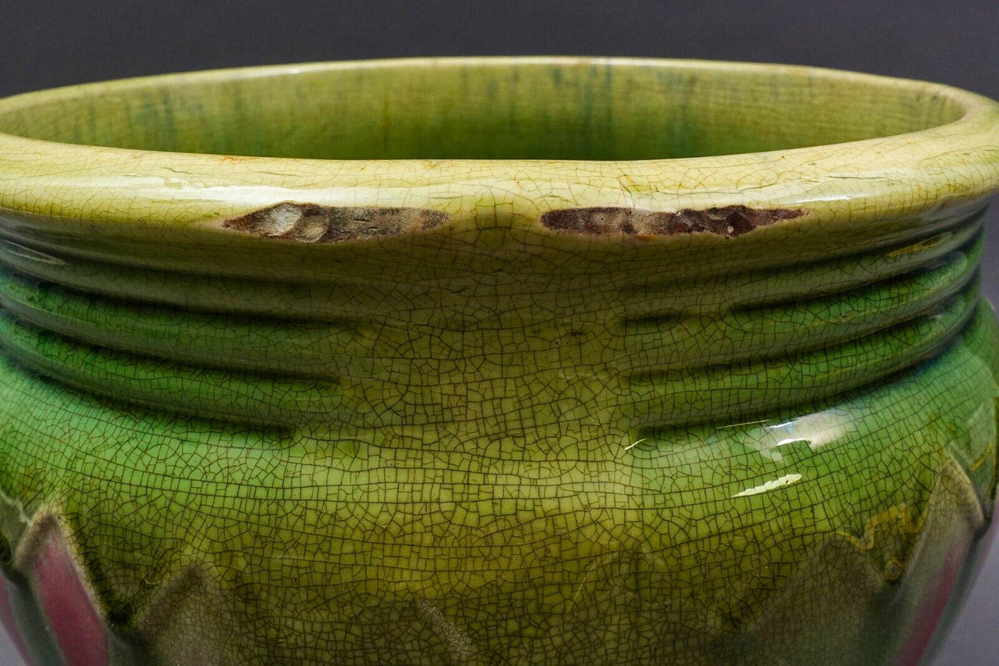 Weller Antique Green Red Blended Majolica Art Pottery Jardiniere Pot Planter