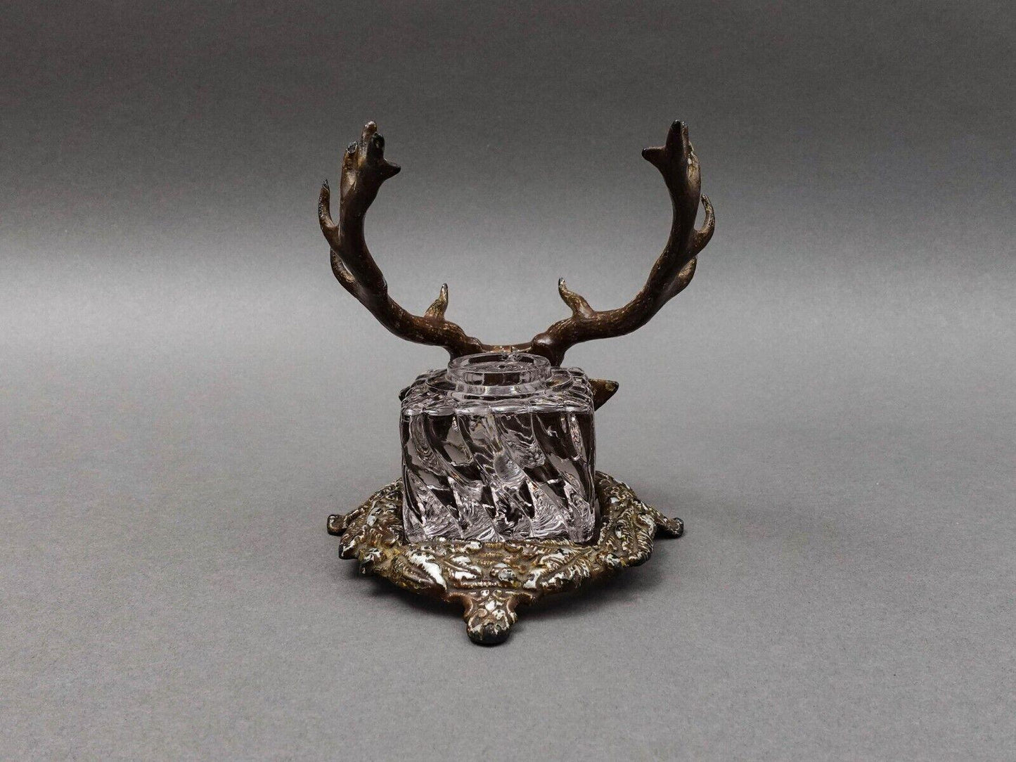 Bradley Hubbard Antique Deer Stag Elk Head Cast Inkwell With Glass Jar (No Lid)