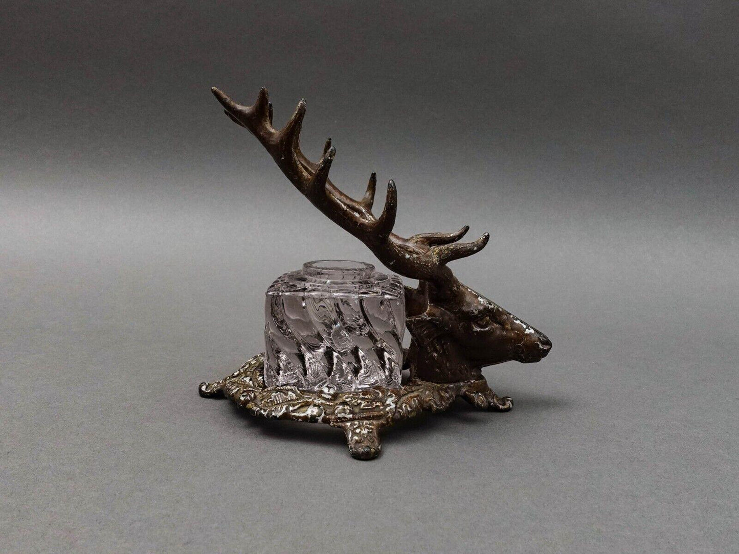 Bradley Hubbard Antique Deer Stag Elk Head Cast Inkwell With Glass Jar (No Lid)