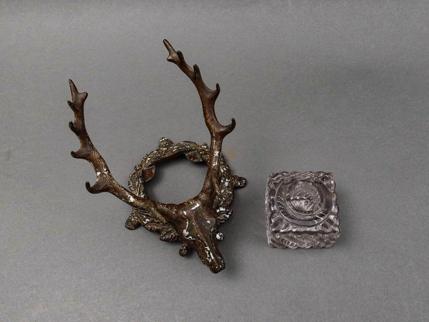 Bradley Hubbard Antique Deer Stag Elk Head Cast Inkwell With Glass Jar (No Lid)