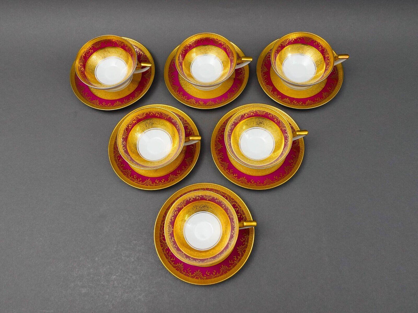 DW Porzellan Karlsbader Wertarbeit Fuchsia Gold Encrusted Cup & Saucer Set Of 6