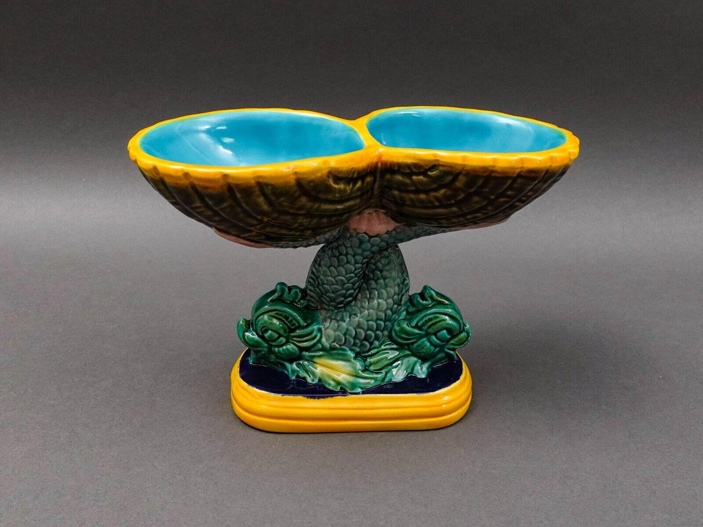 Vintage Signed Dolphin Fish Double Shell Majolica Pedestal Compote Dish 6"