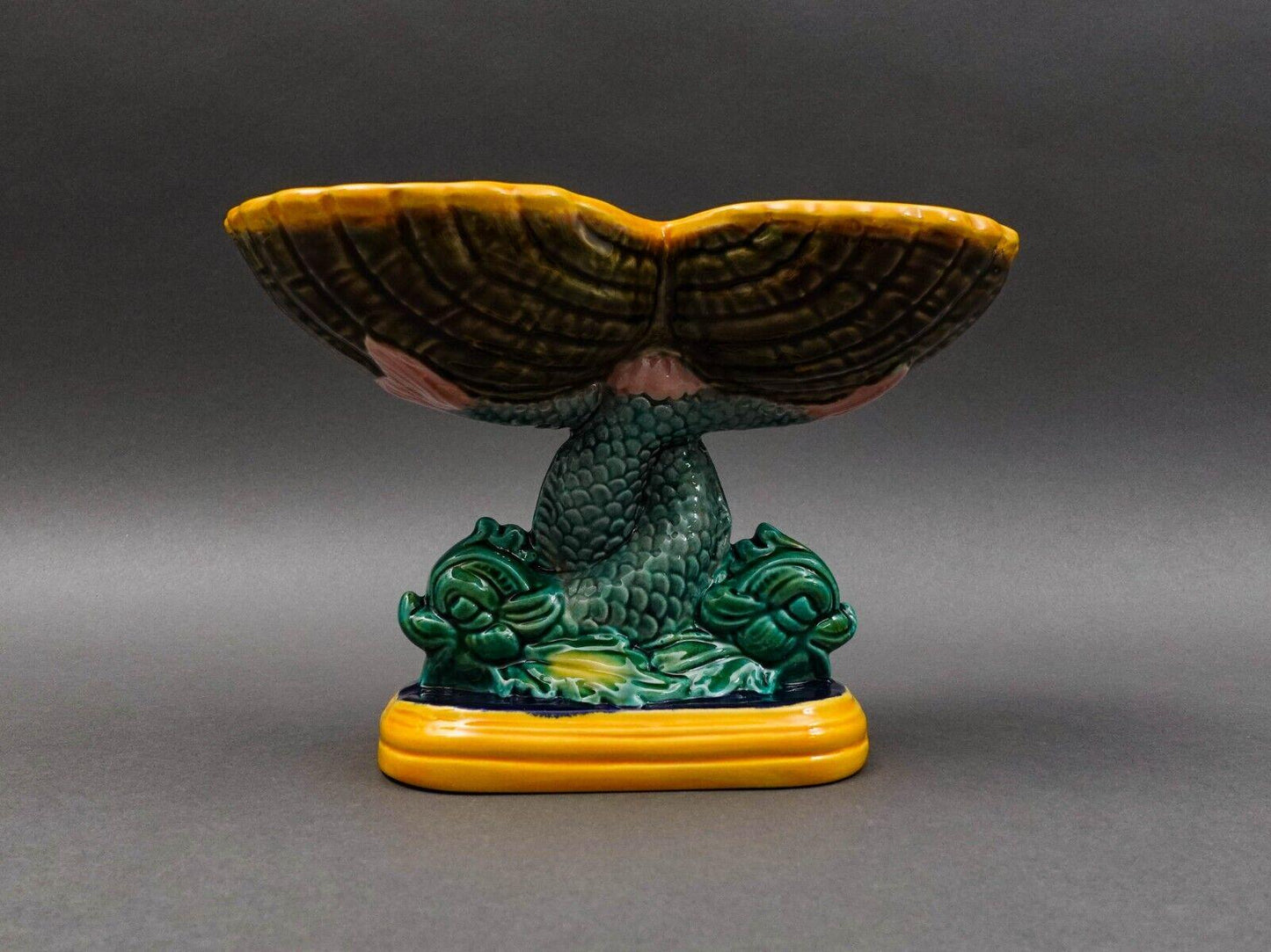 Vintage Signed Dolphin Fish Double Shell Majolica Pedestal Compote Dish 6"