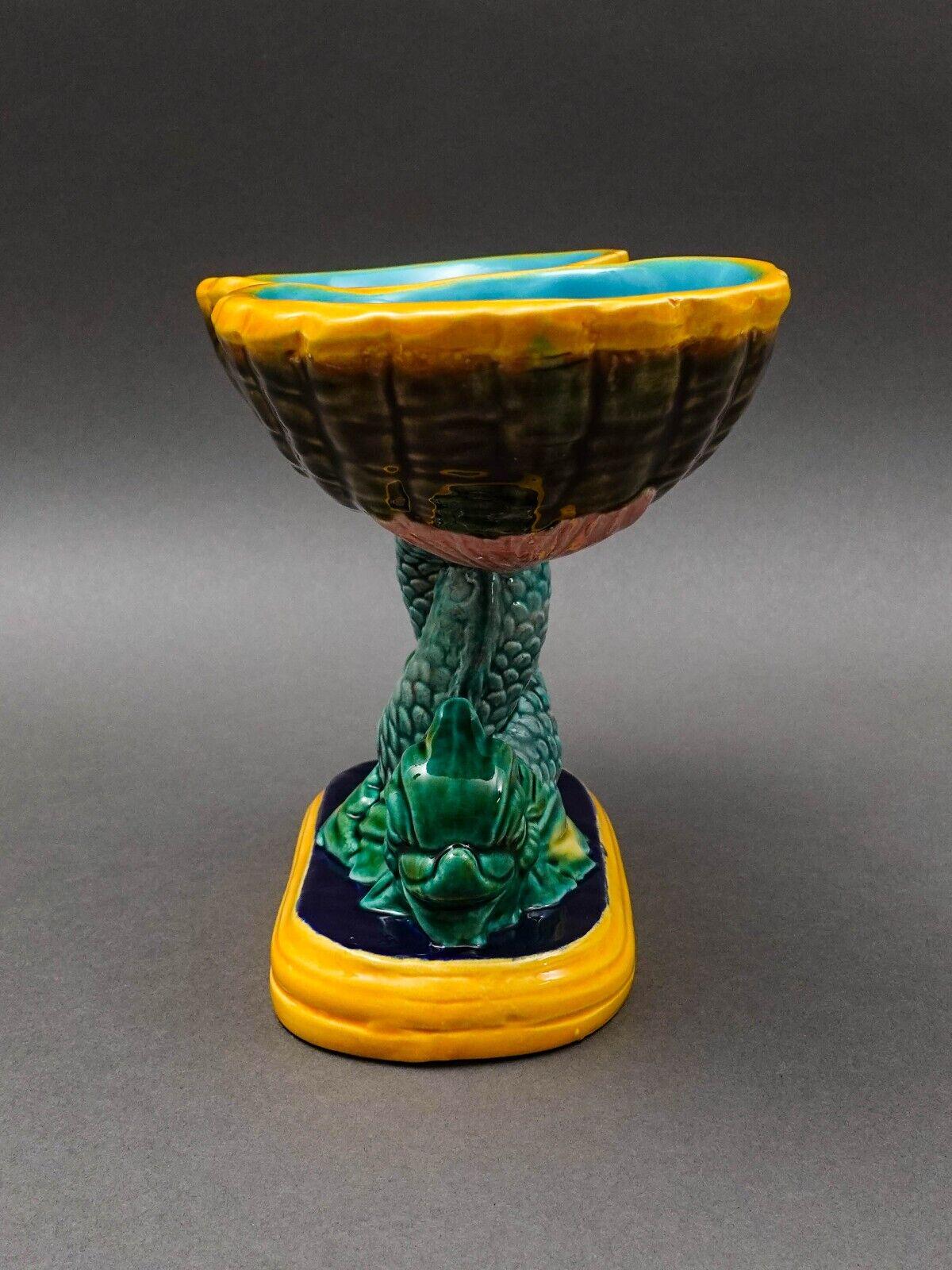Vintage Signed Dolphin Fish Double Shell Majolica Pedestal Compote Dish 6"