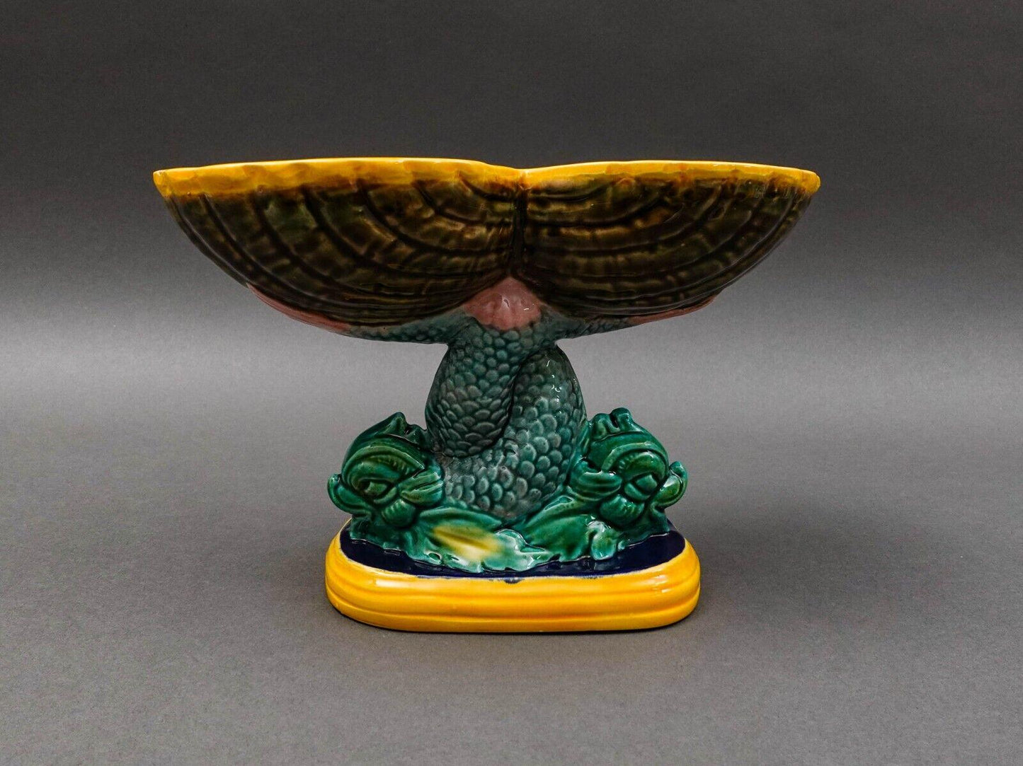 Vintage Signed Dolphin Fish Double Shell Majolica Pedestal Compote Dish 6"