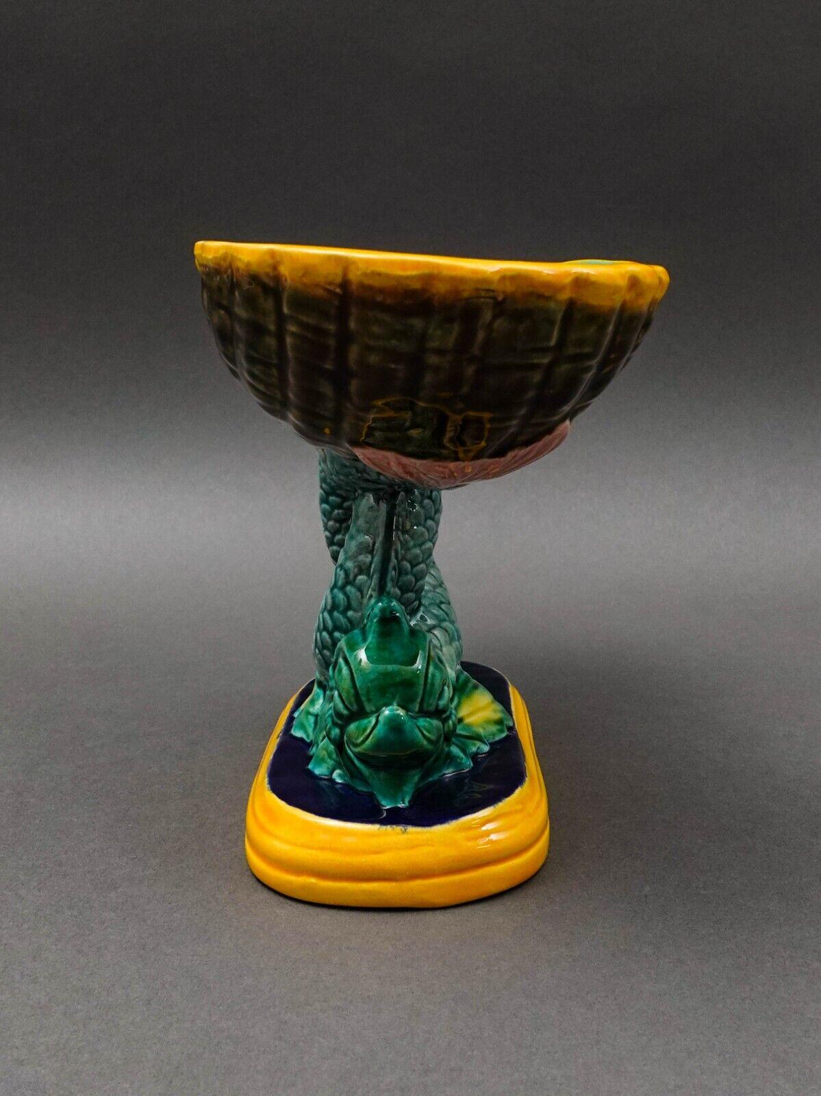 Vintage Signed Dolphin Fish Double Shell Majolica Pedestal Compote Dish 6"