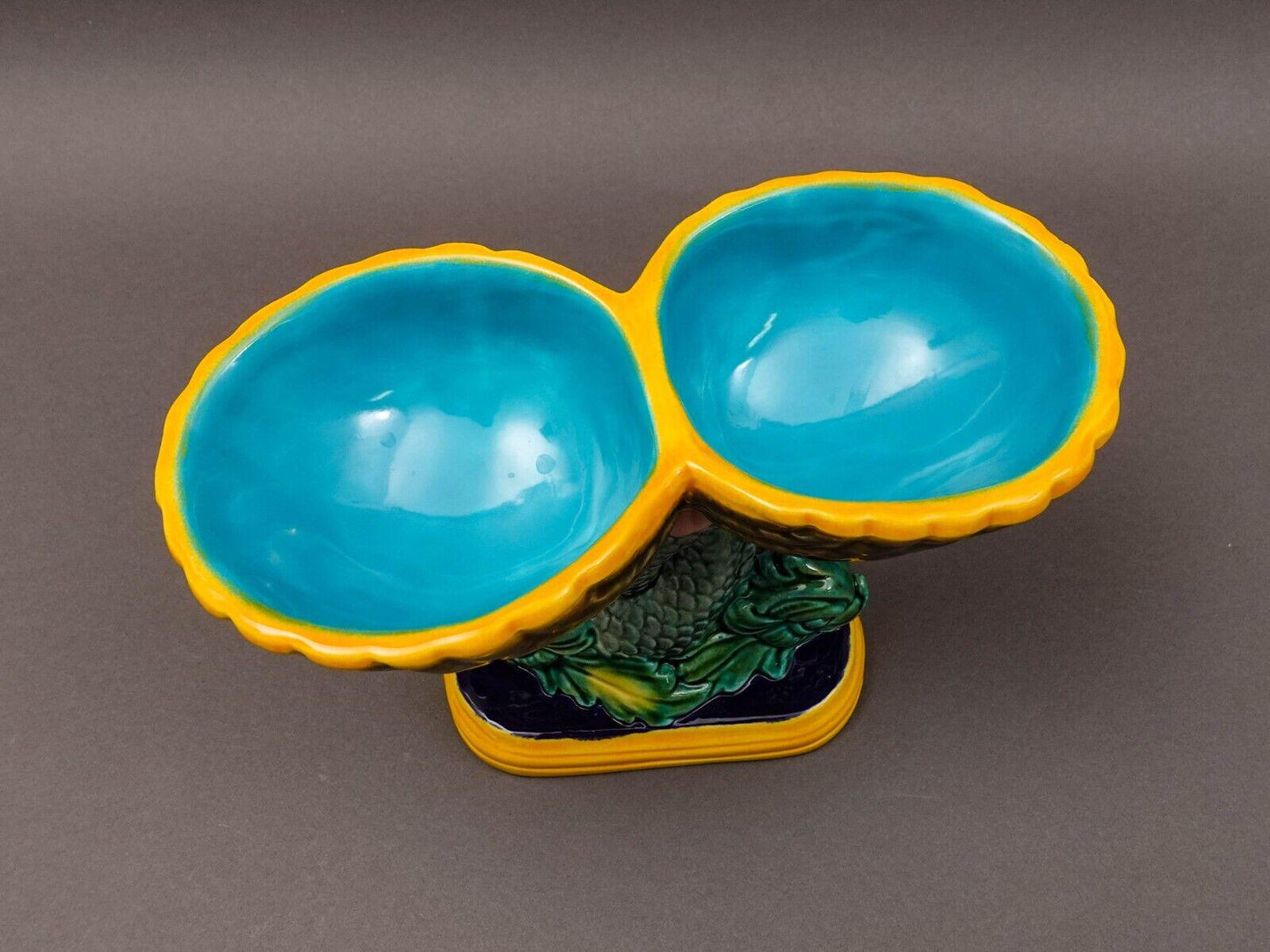 Vintage Signed Dolphin Fish Double Shell Majolica Pedestal Compote Dish 6"