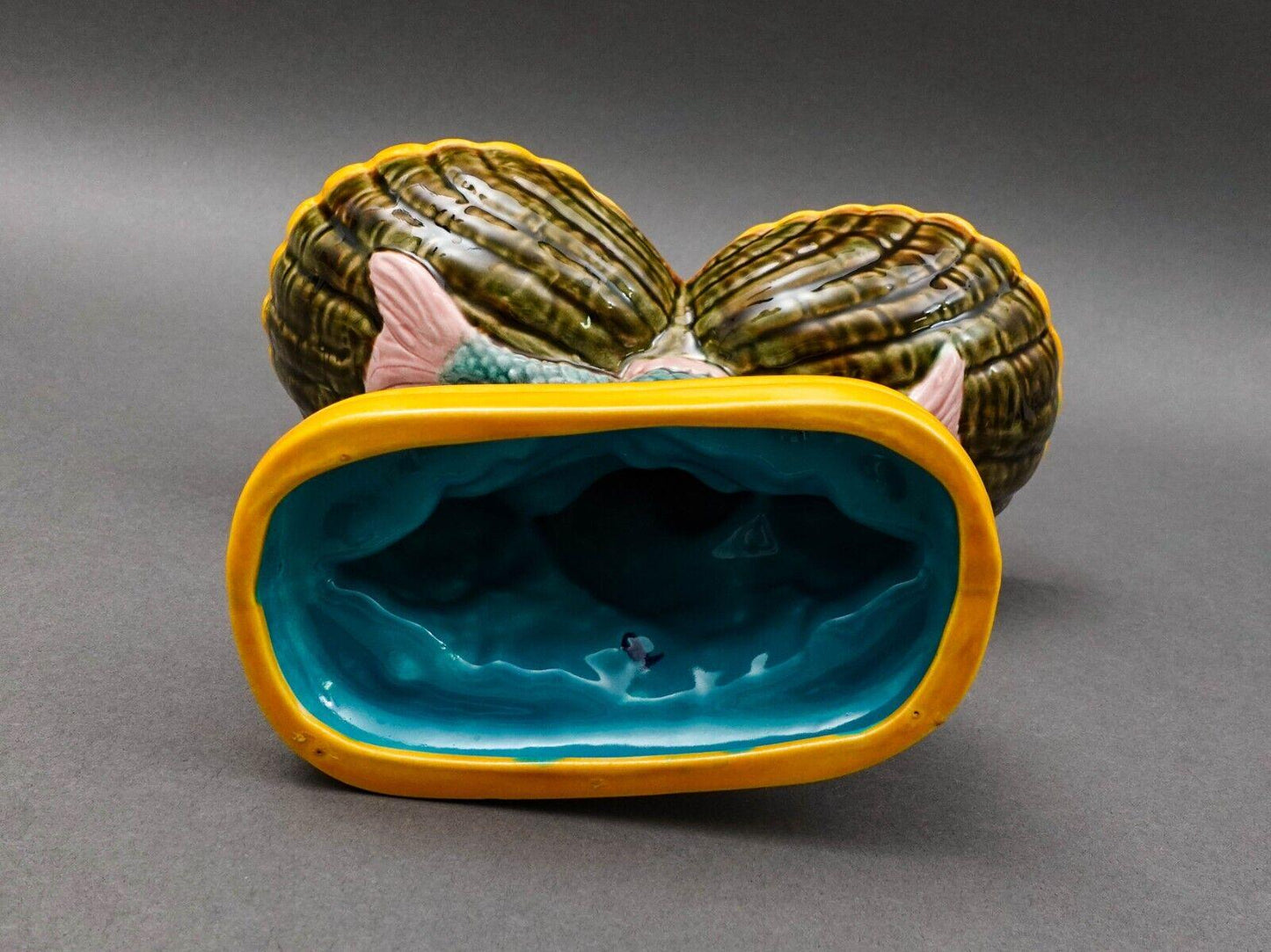 Vintage Signed Dolphin Fish Double Shell Majolica Pedestal Compote Dish 6"