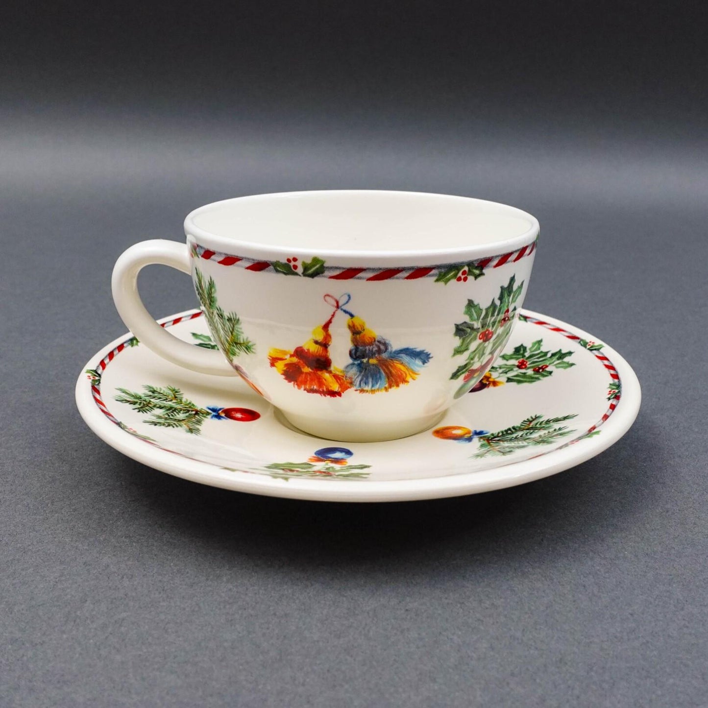 Gien France Joyeux Noel Porcelain Christmas Holiday Tea Cup & Saucer Set