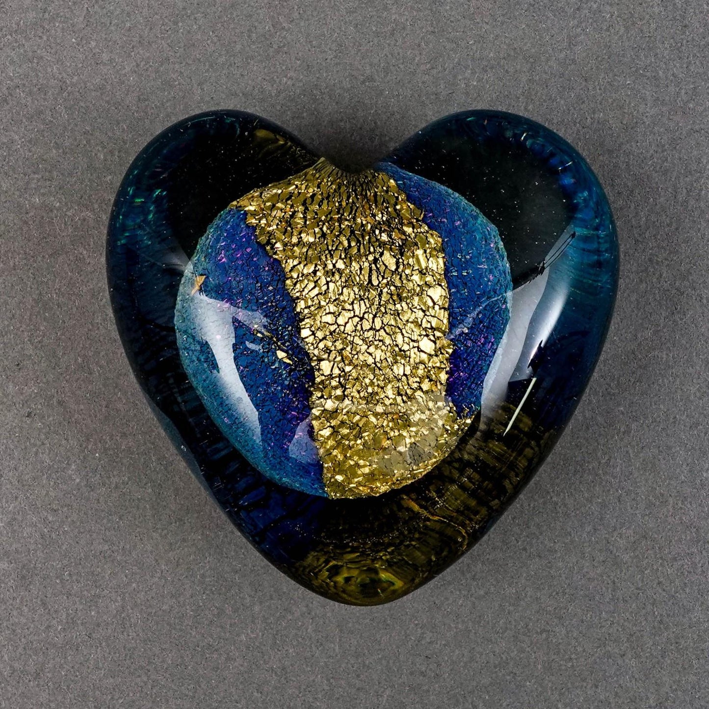 Eickholt Signed 1996 Iridescent Dichroic Gold Foil Heart Art Glass Paperweight
