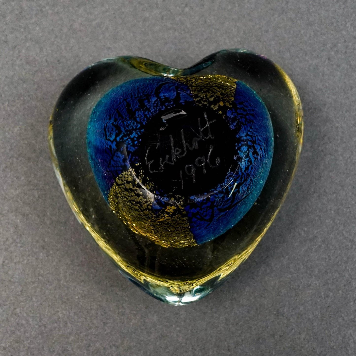 Eickholt Signed 1996 Iridescent Dichroic Gold Foil Heart Art Glass Paperweight