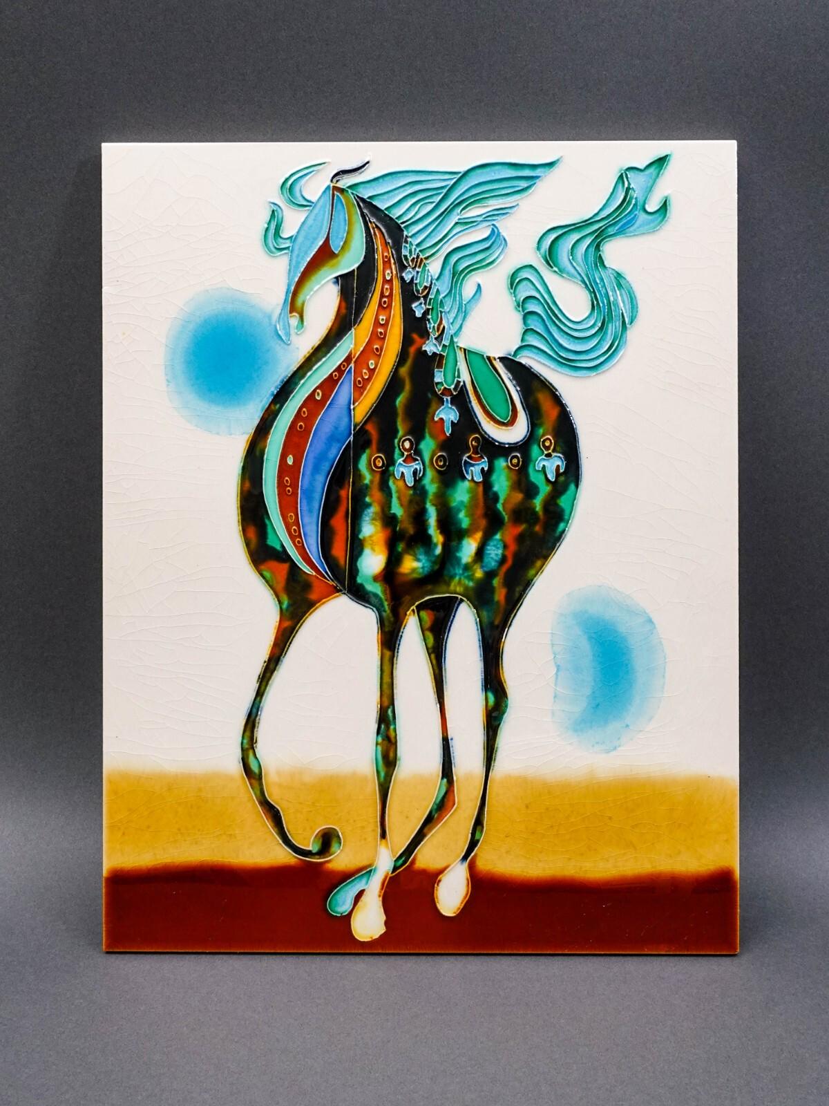 Wayne Gao Large Horse Glazed Enameled Ceramic Raised Wall Art Tile Plaque