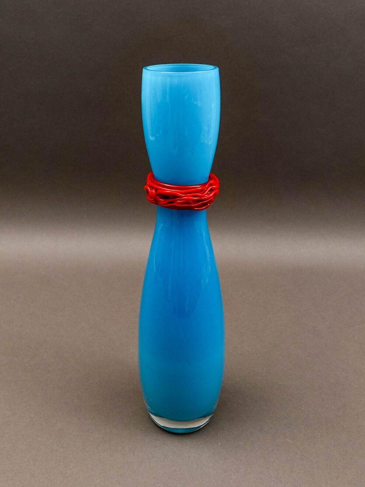 Rony Plesl B.A.G. Czech Republic Turquoise And Red Hourglass Art Glass Vase 13"