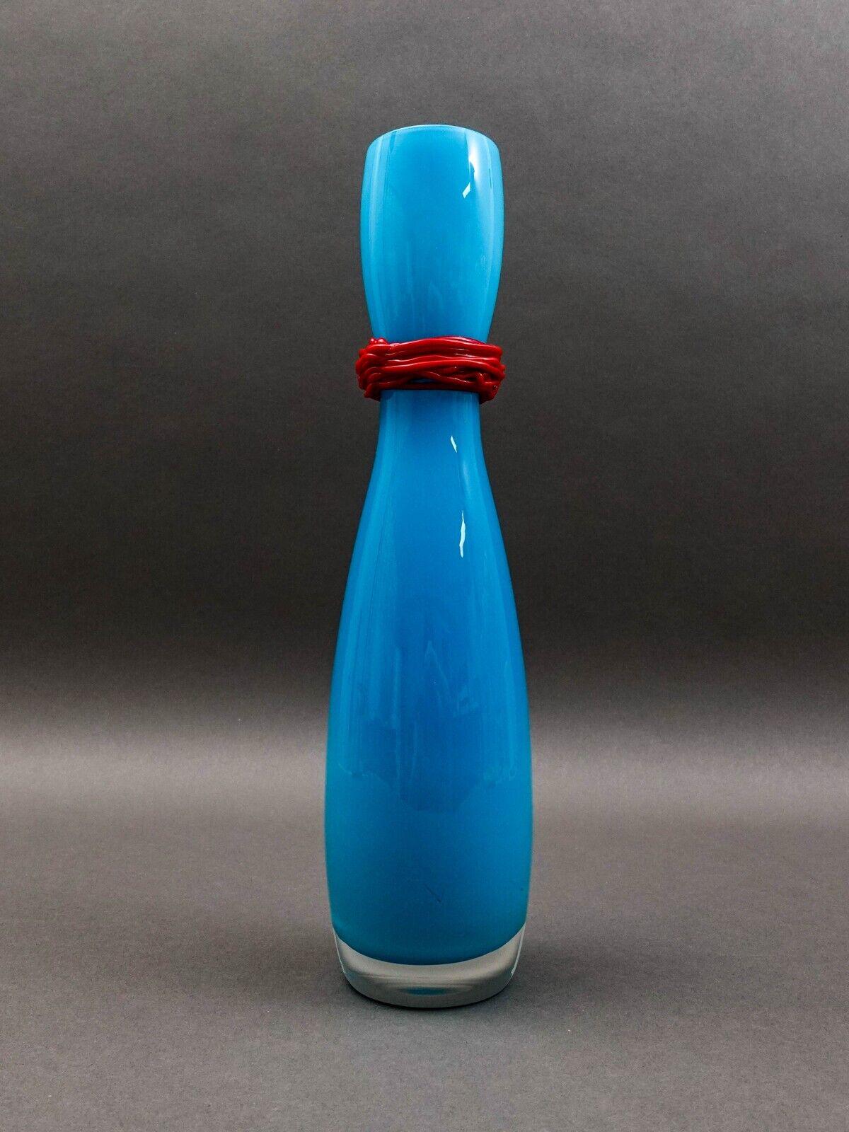 Rony Plesl B.A.G. Czech Republic Turquoise And Red Hourglass Art Glass Vase 13"