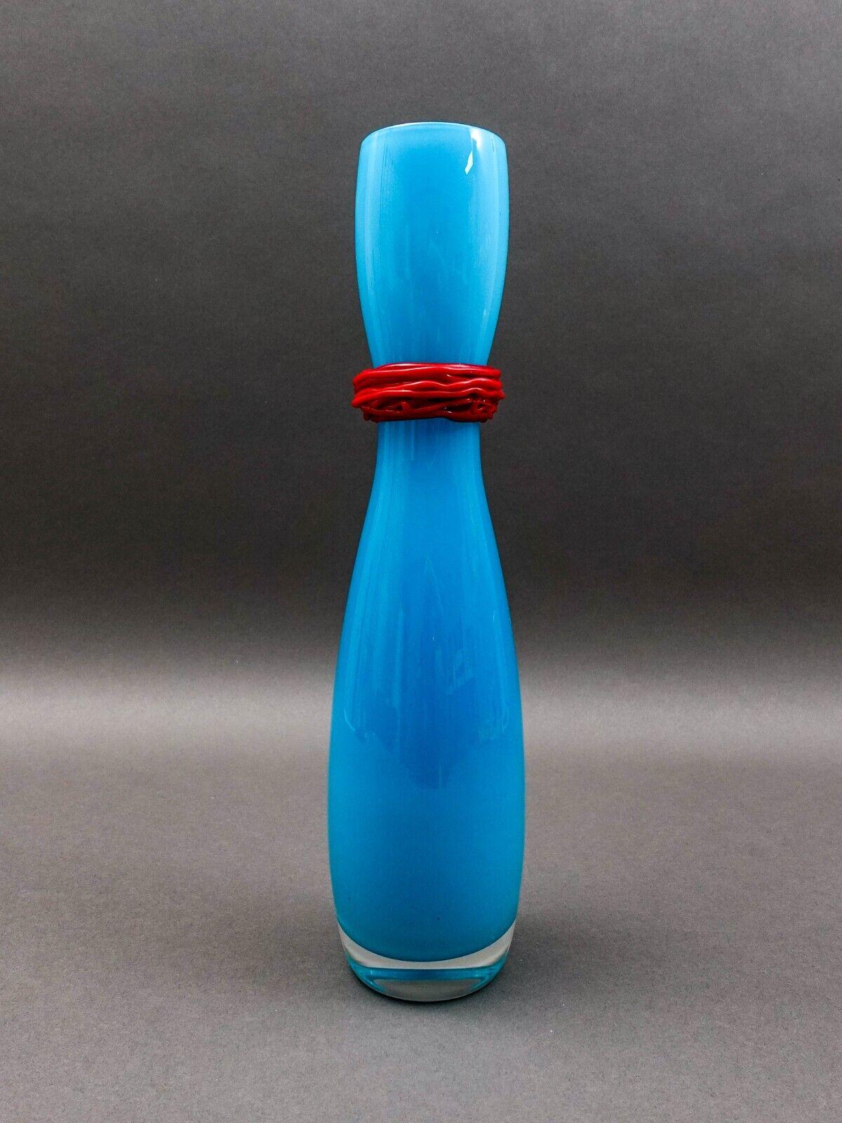 Rony Plesl B.A.G. Czech Republic Turquoise And Red Hourglass Art Glass Vase 13"