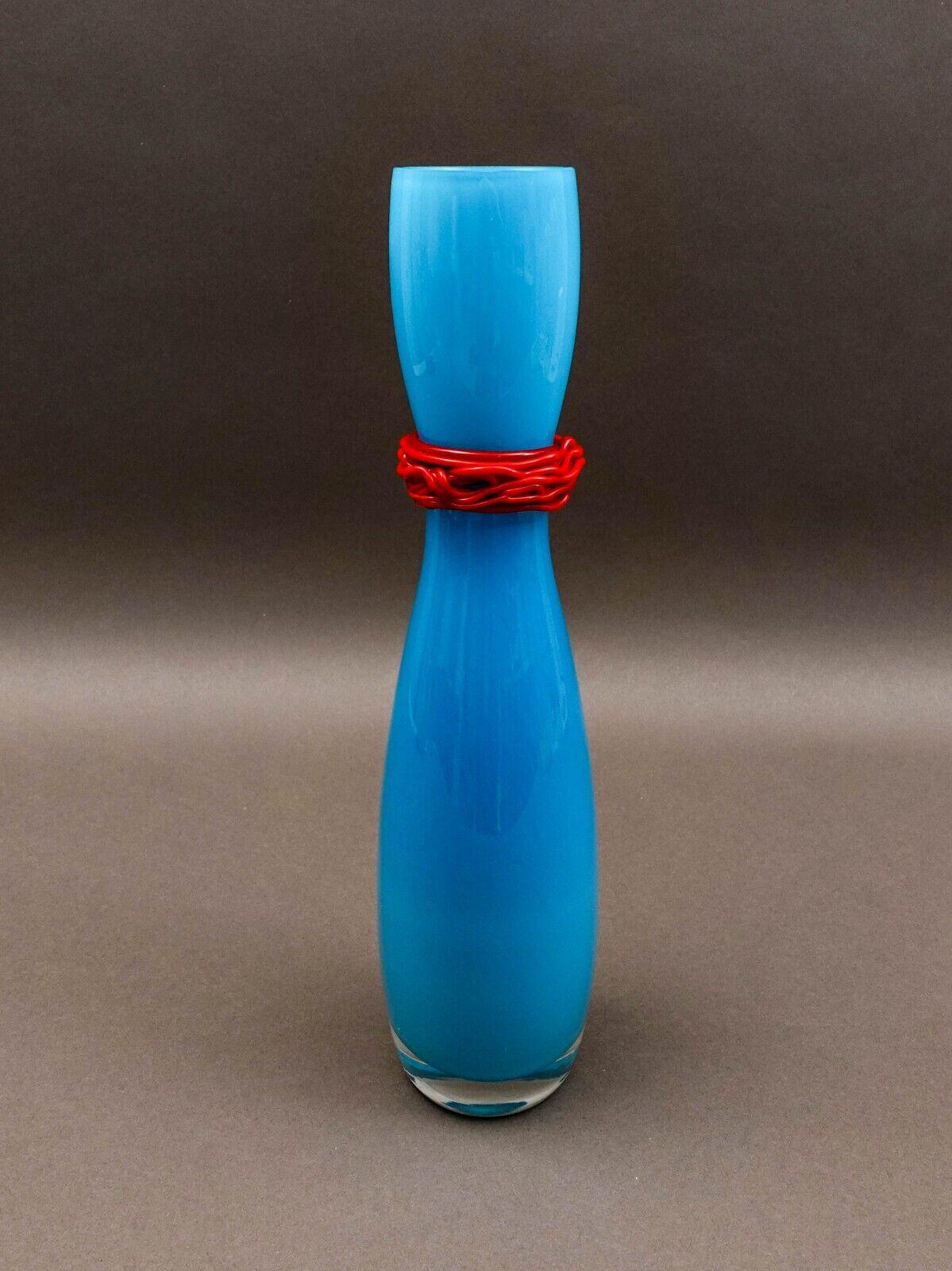 Rony Plesl B.A.G. Czech Republic Turquoise And Red Hourglass Art Glass Vase 13"