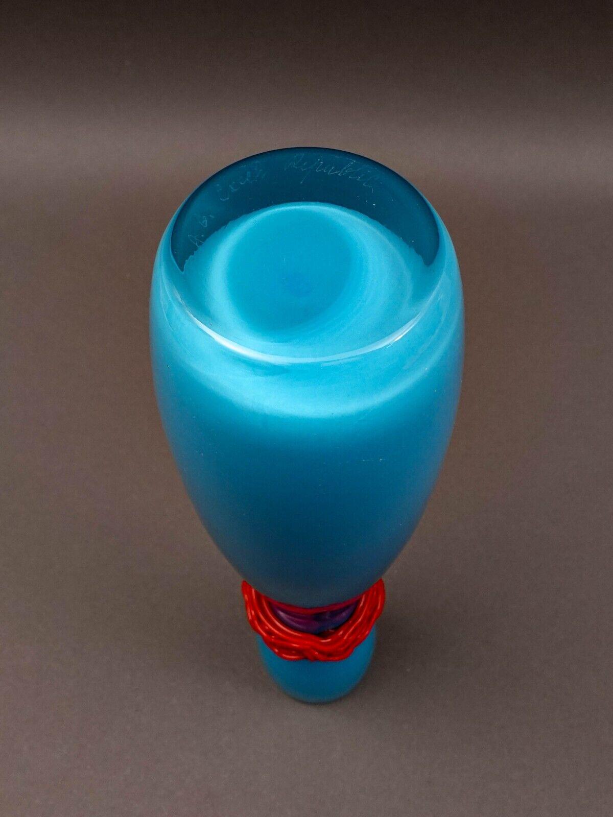 Rony Plesl B.A.G. Czech Republic Turquoise And Red Hourglass Art Glass Vase 13"