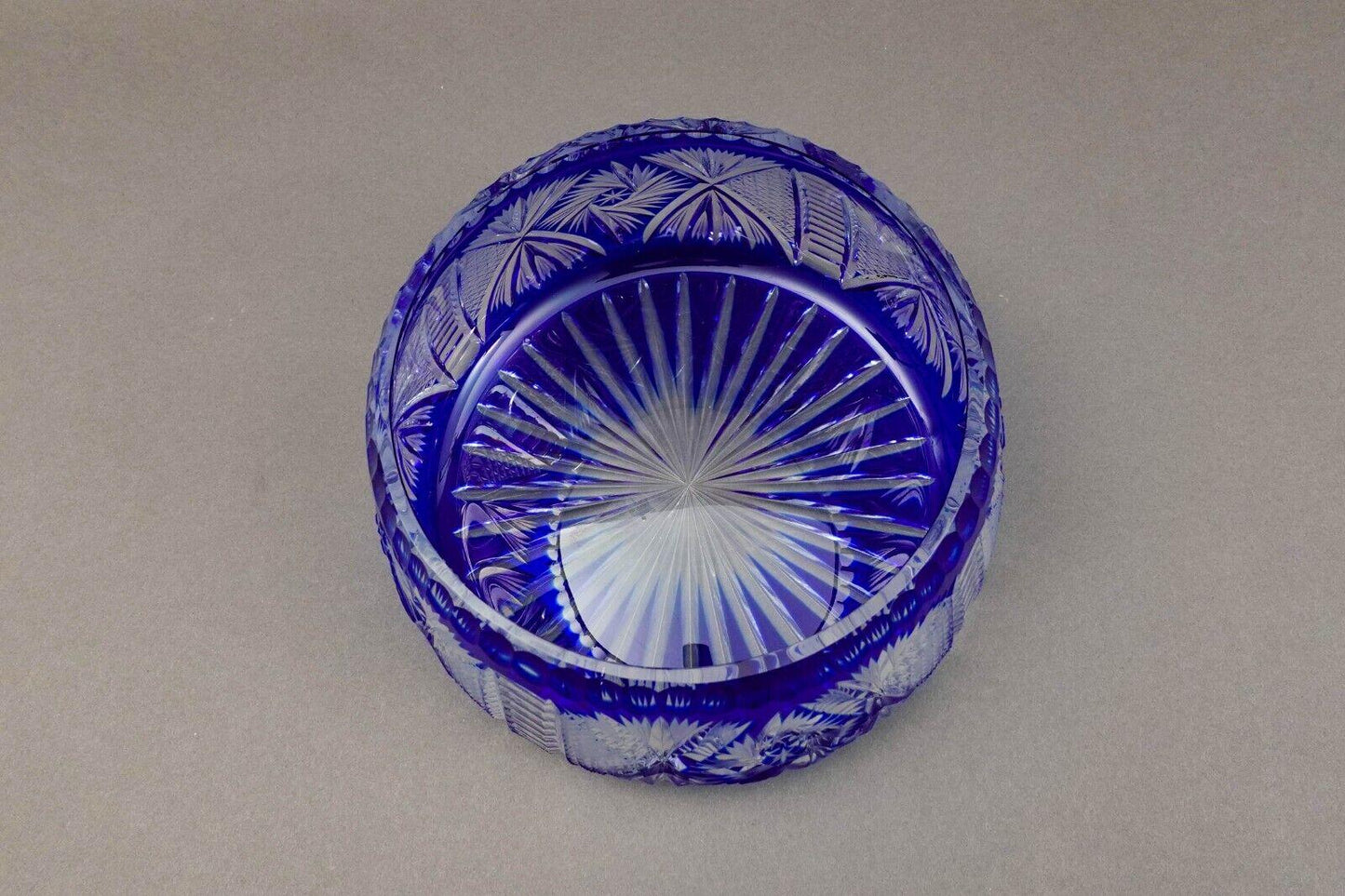 Czech Bohemian Cobalt Blue Cut to Clear Crystal Round Centerpiece Bowl