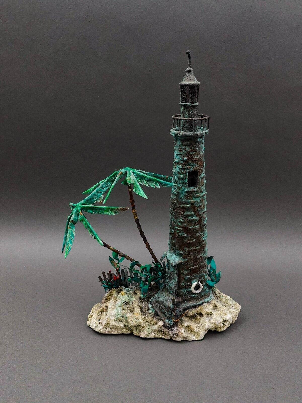 Jim Lewk Brutalist Lighthouse Palm Trees Copper Coral Base Sculpture (Read)