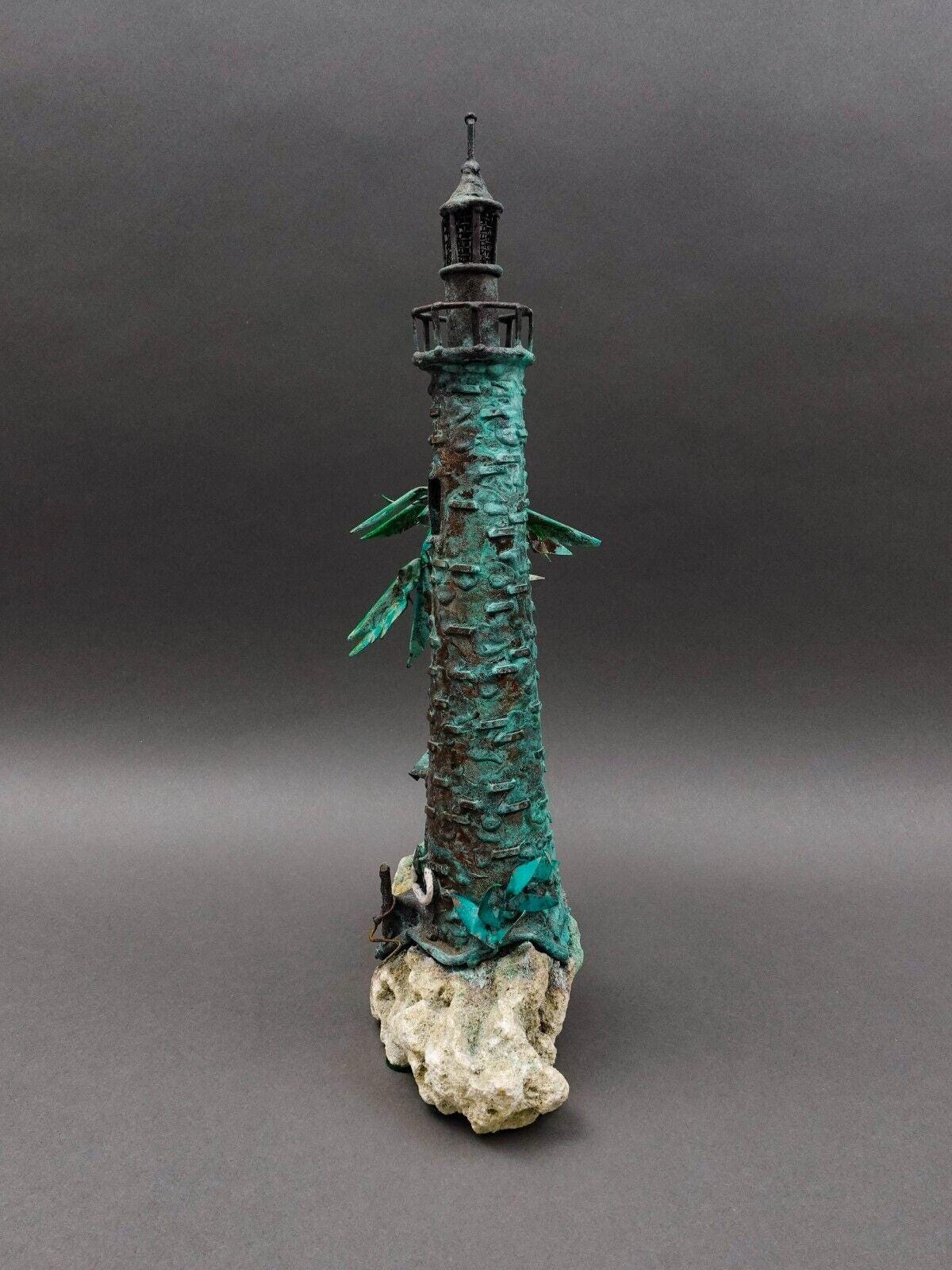 Jim Lewk Brutalist Lighthouse Palm Trees Copper Coral Base Sculpture (Read)