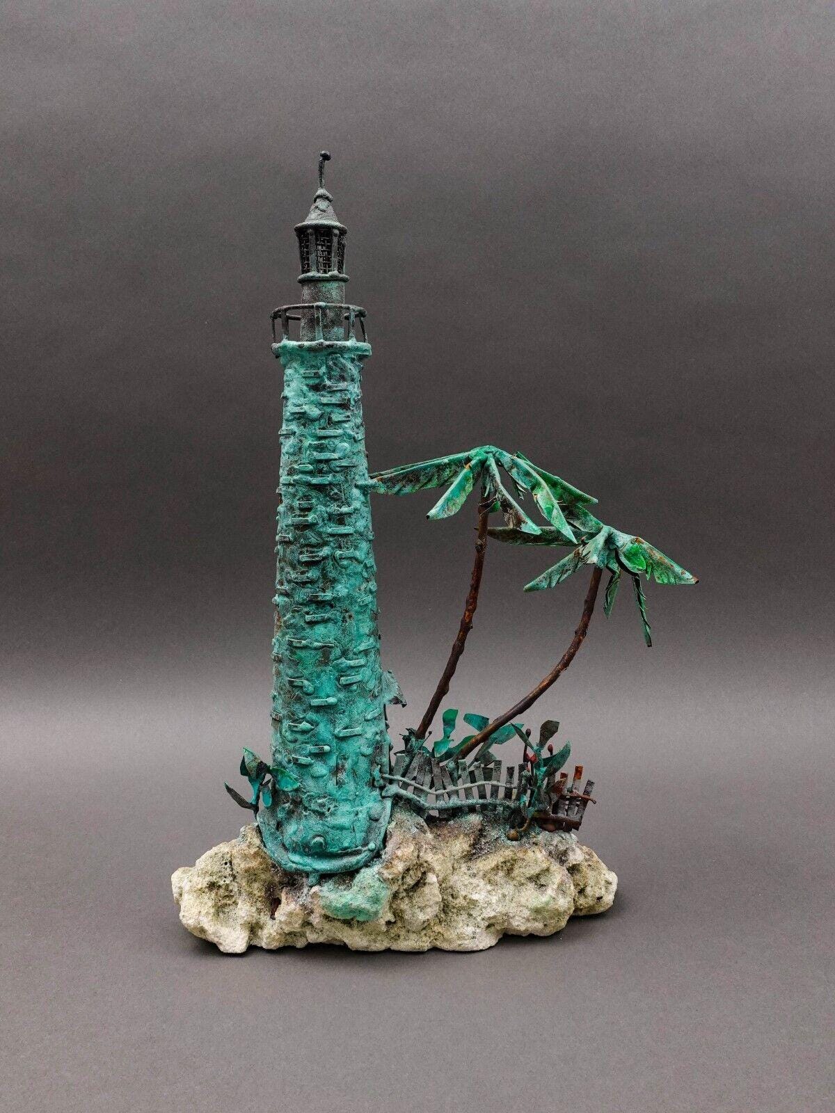 Jim Lewk Brutalist Lighthouse Palm Trees Copper Coral Base Sculpture (Read)
