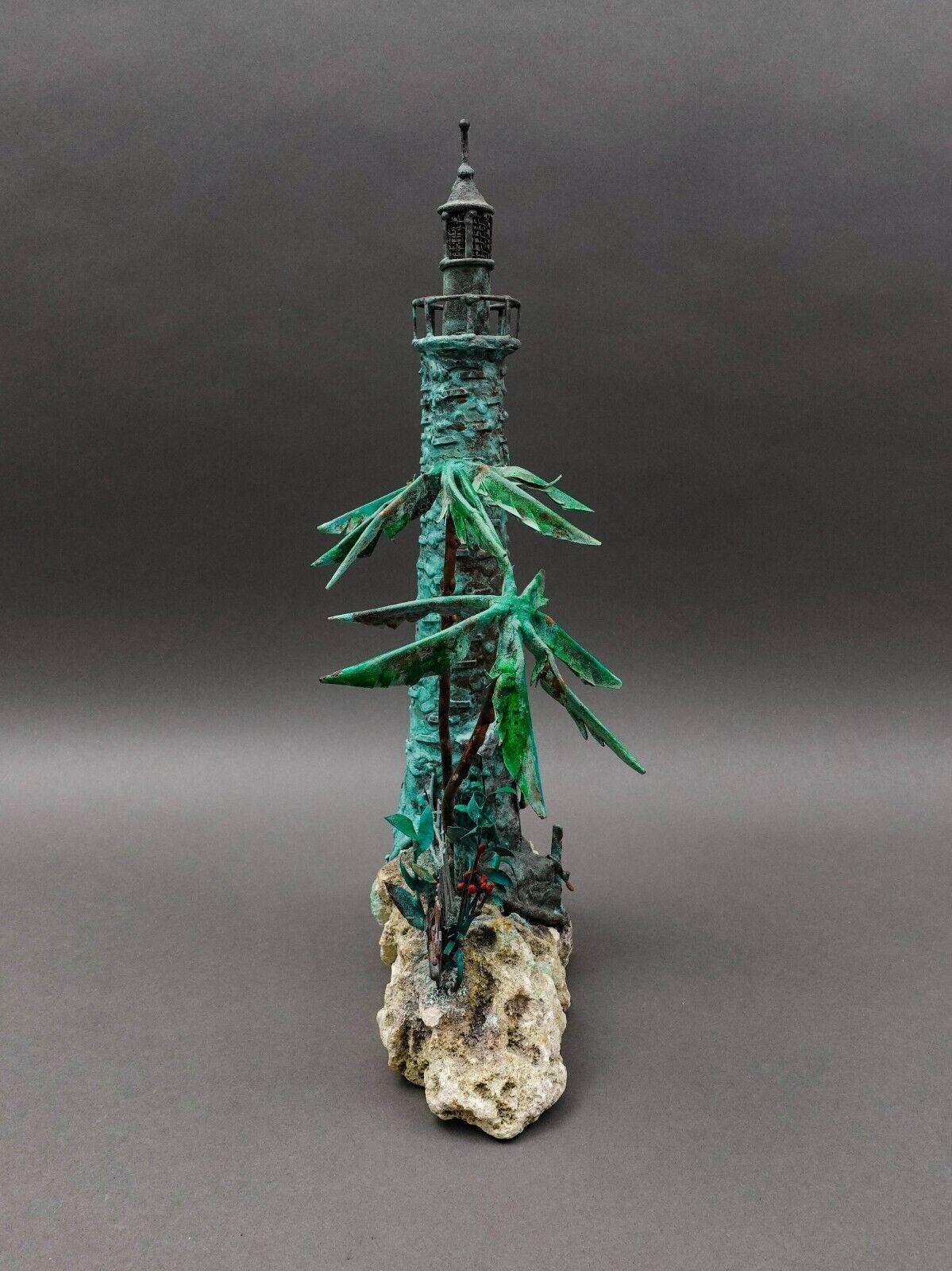 Jim Lewk Brutalist Lighthouse Palm Trees Copper Coral Base Sculpture (Read)