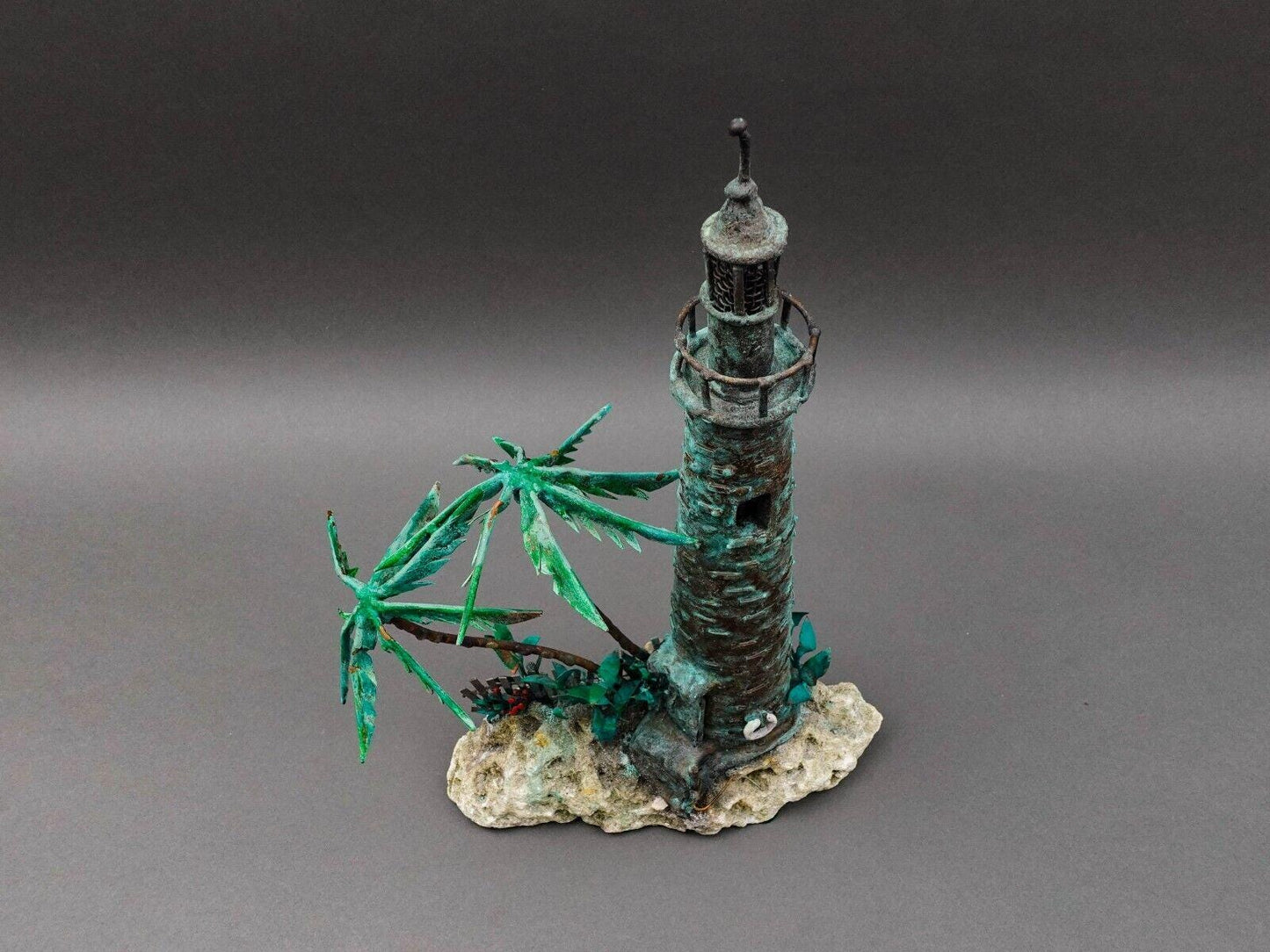 Jim Lewk Brutalist Lighthouse Palm Trees Copper Coral Base Sculpture (Read)