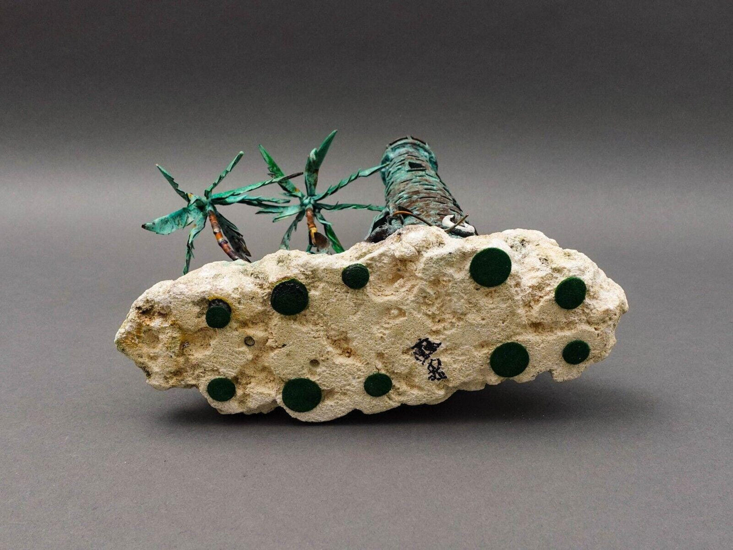 Jim Lewk Brutalist Lighthouse Palm Trees Copper Coral Base Sculpture (Read)