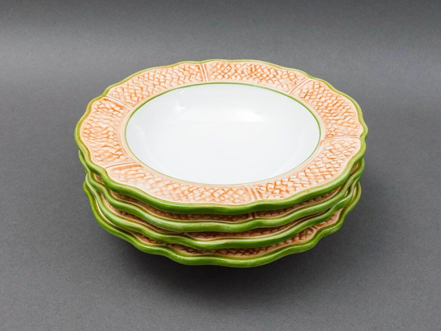 Vietri Italy Oasi Oasis Palm Tree Scales 7 1/2" Rimmed Soup Cereal Bowl Set Of 4