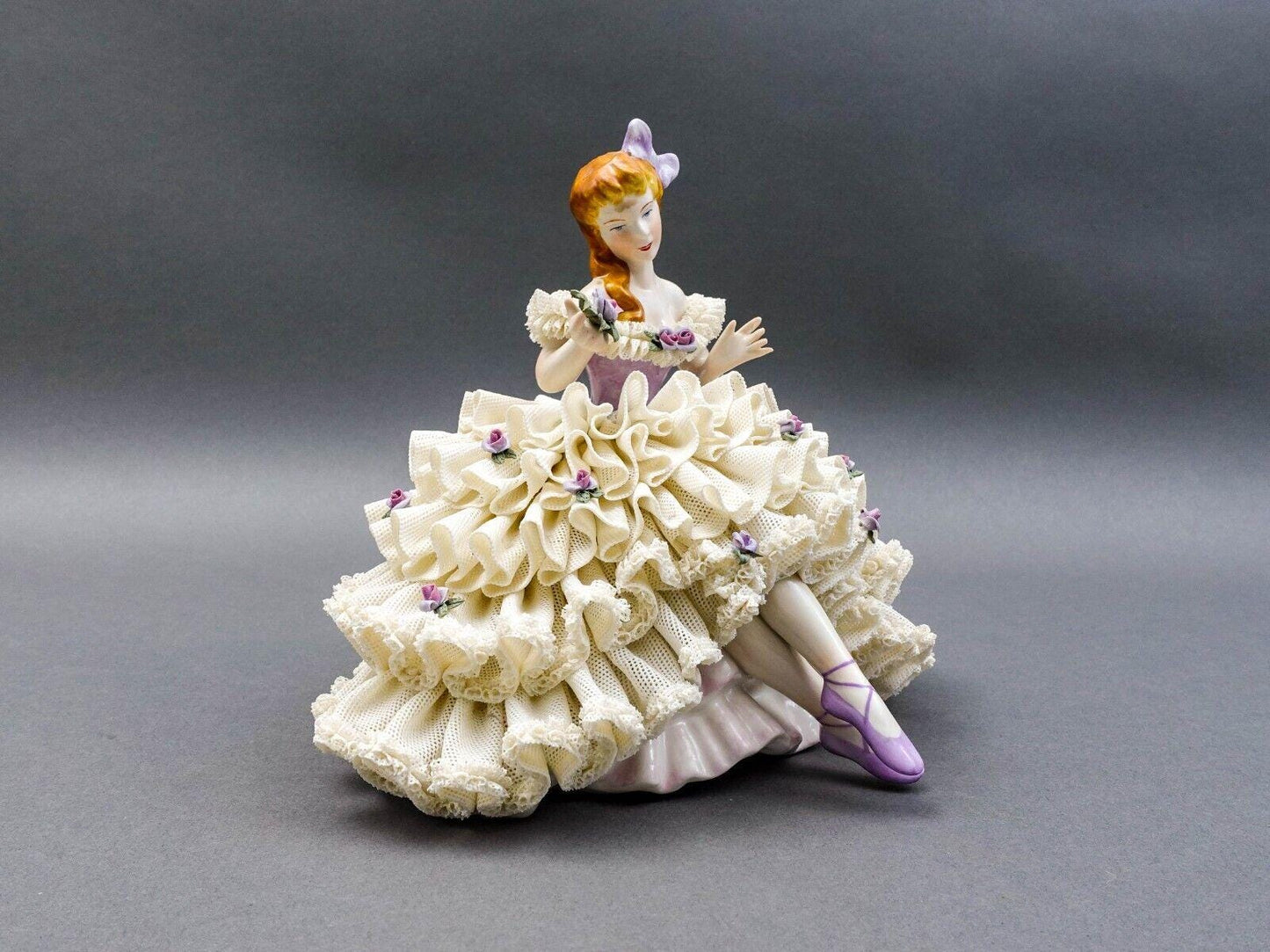 Dresden Germany Large Ballerina Holding Flower Porcelain Lace Figurine (Read)