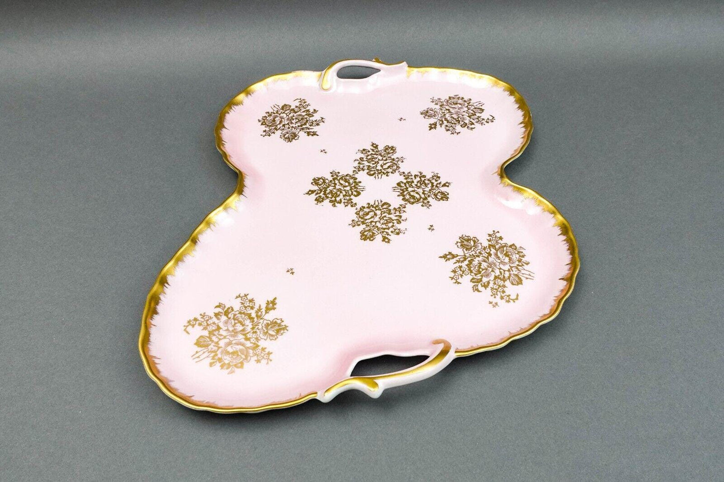 Limoges France Antique Hand Painted Pink Gold Gilt Floral Porcelain Handle Tray