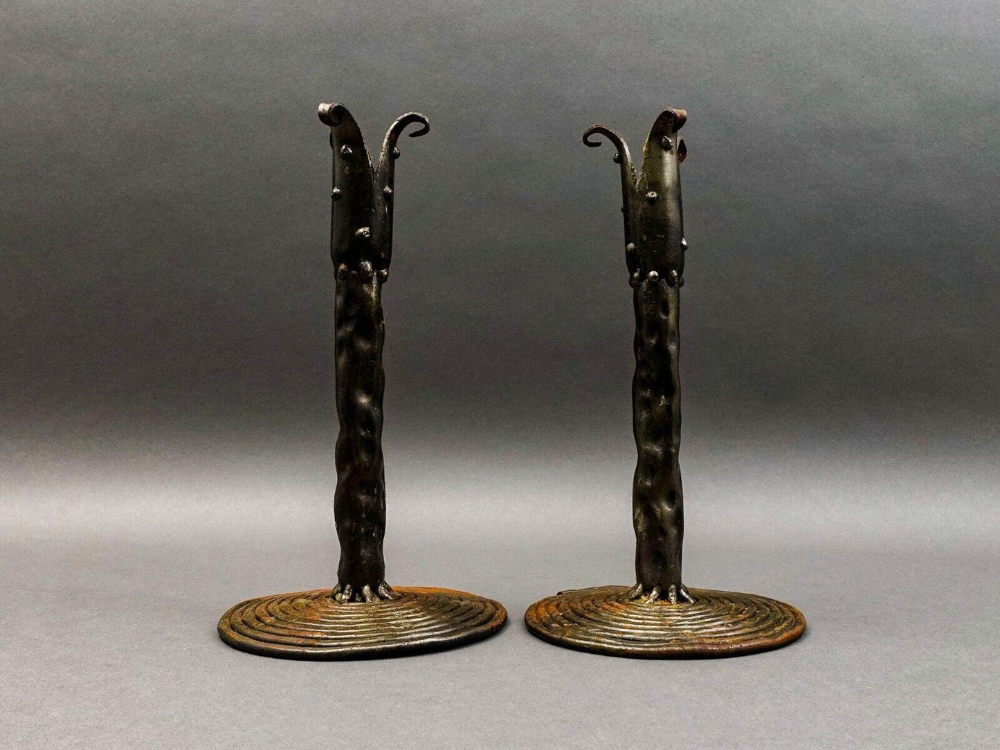 Vintage Brutalist Studio Iron Metal Art Candlestick Candle Holder Pair 11"