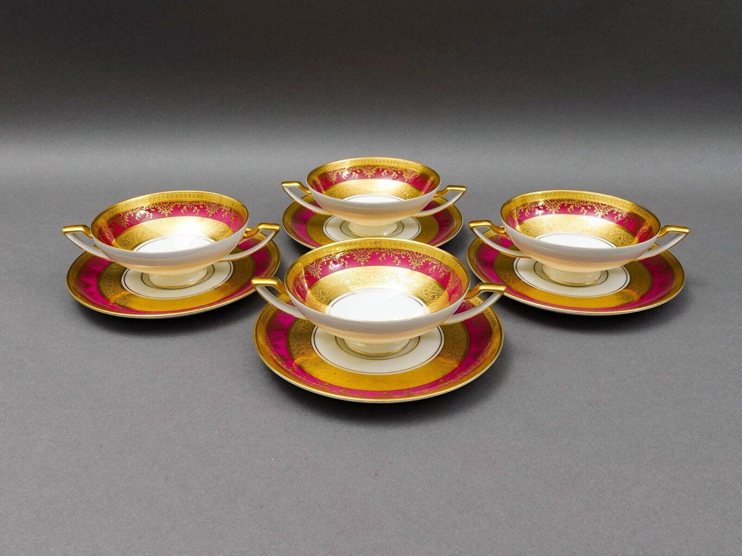 DW Porzellan Karlsbader Wertarbeit Fuchsia Gold Encrusted Cream Soup Bowl Set 4