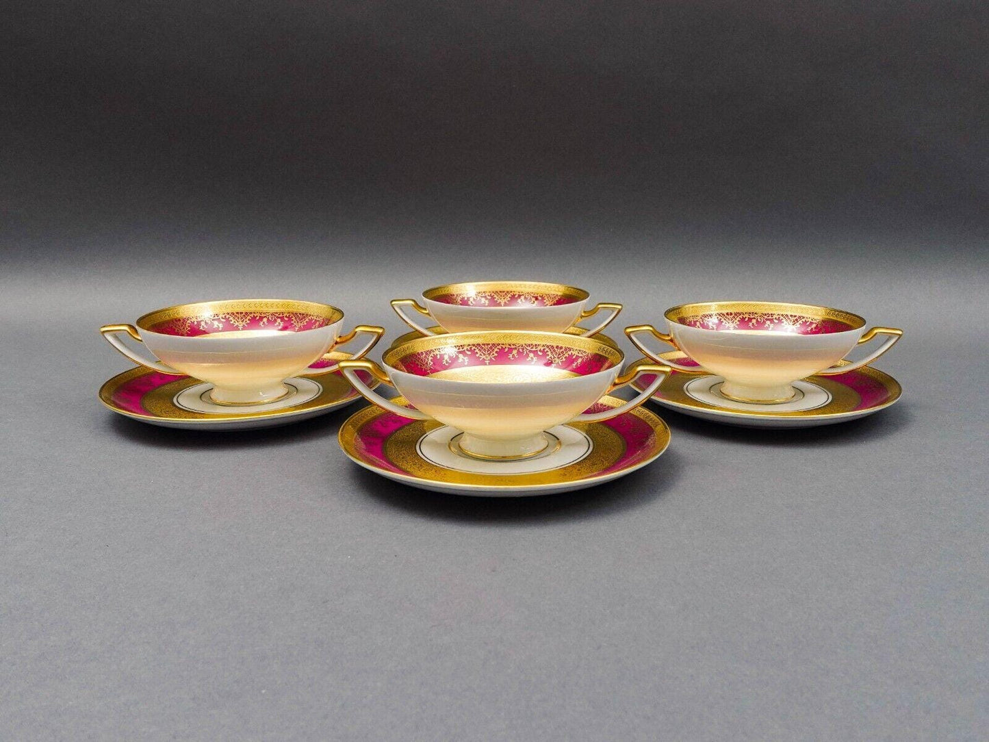 DW Porzellan Karlsbader Wertarbeit Fuchsia Gold Encrusted Cream Soup Bowl Set 4