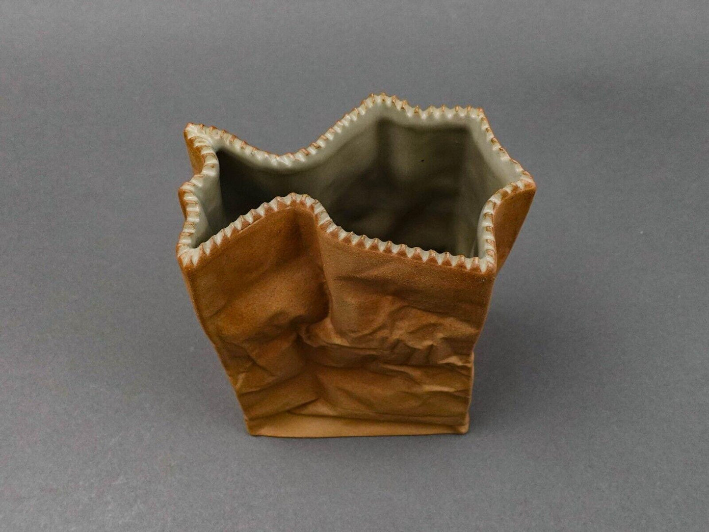 Rosenthal Germany Tapio Wirkkala Pop Art Crinkle Brown Paper Bag Vase 7 3/4"