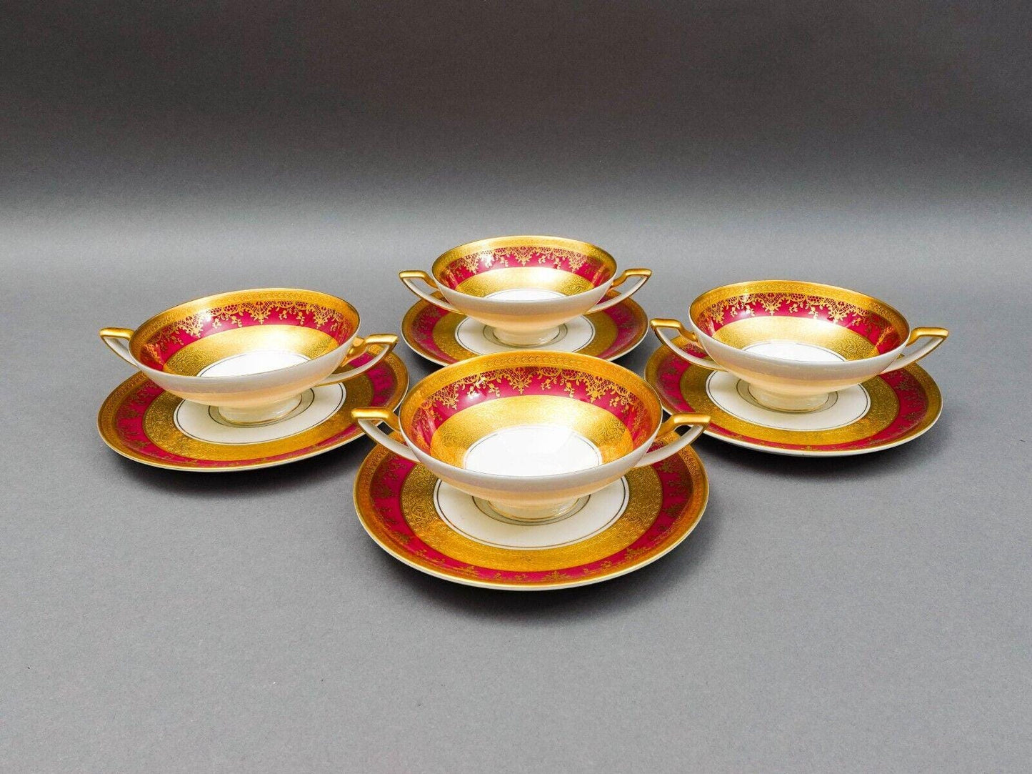 DW Porzellan Karlsbader Wertarbeit Fuchsia Gold Encrusted Cream Soup Bowl Set 4