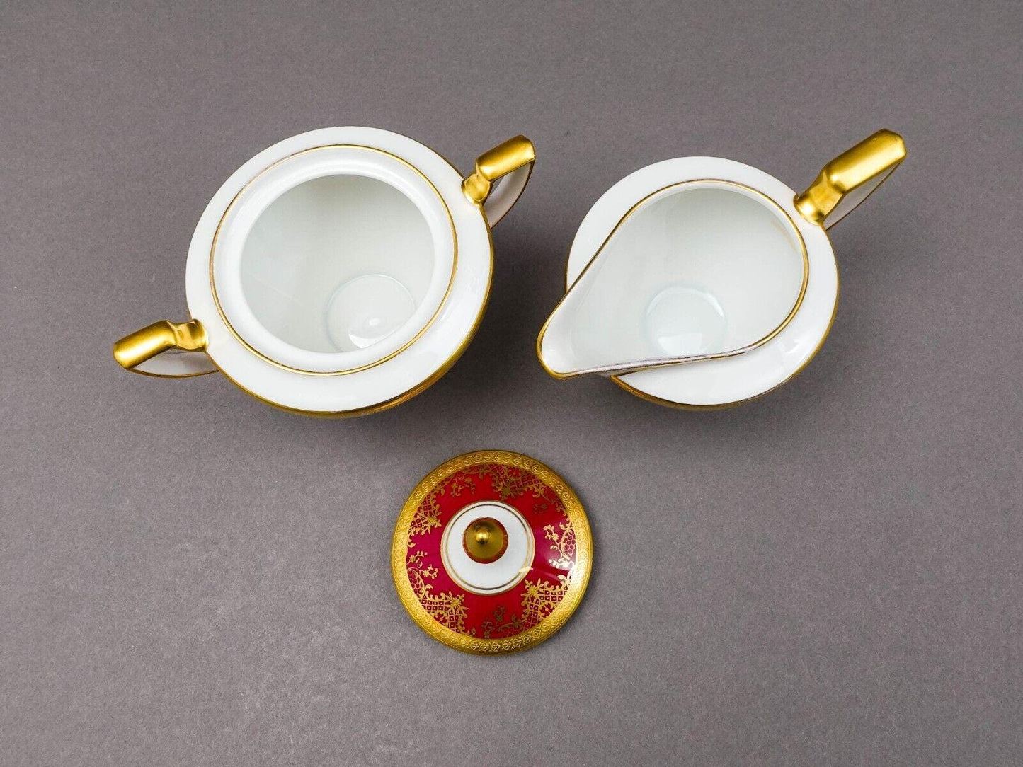 DW Porzellan Karlsbader Wertarbeit Fuchsia Gold Encrusted Creamer Sugar Bowl Set