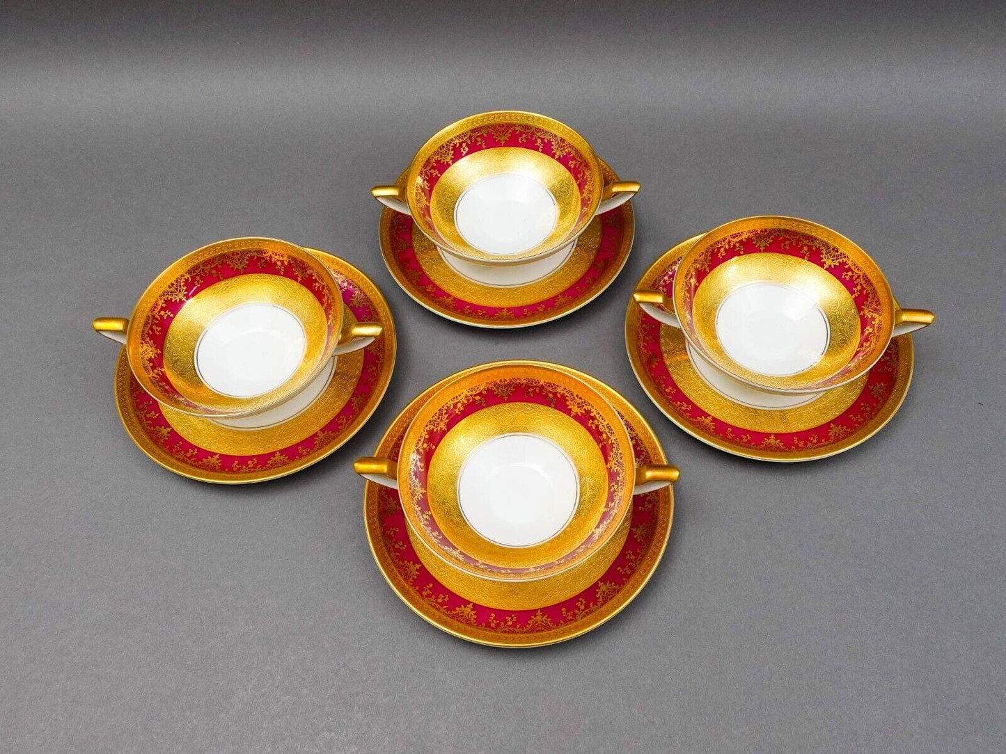 DW Porzellan Karlsbader Wertarbeit Fuchsia Gold Encrusted Cream Soup Bowl Set 4