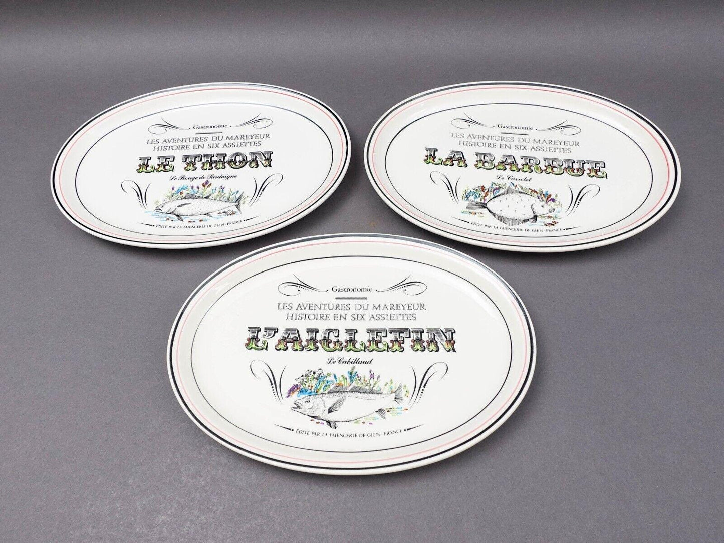 Gien France Les Adventures Du Mareyeur Thon Barbue L'Aiglefin Oval Fish Plates 3