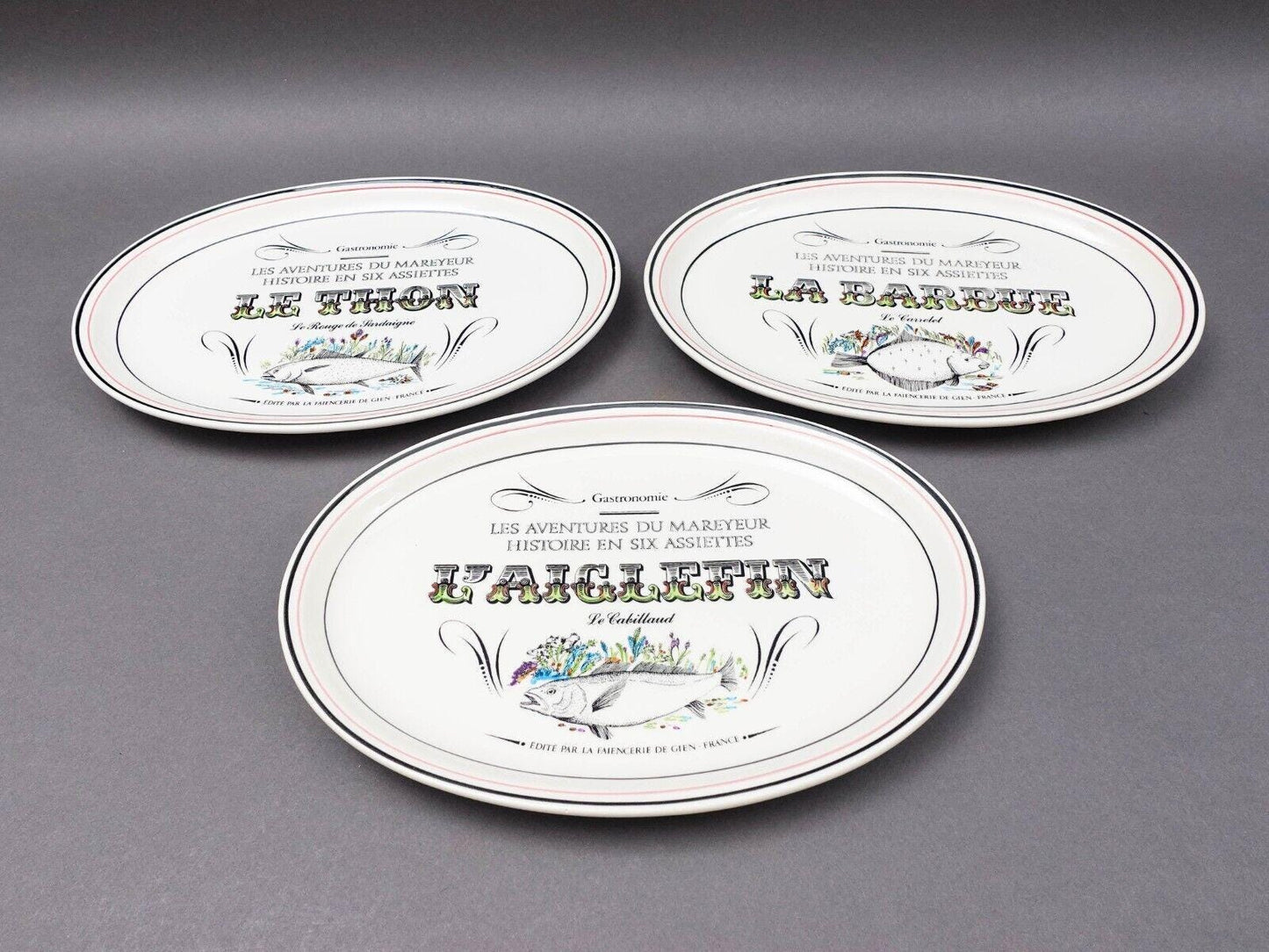 Gien France Les Adventures Du Mareyeur Thon Barbue L'Aiglefin Oval Fish Plates 3