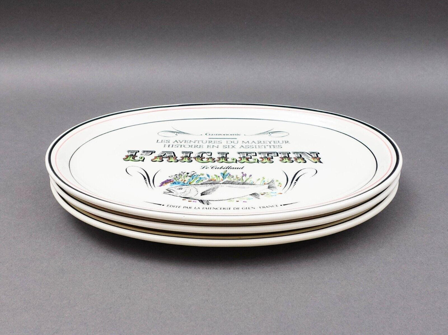 Gien France Les Adventures Du Mareyeur Thon Barbue L'Aiglefin Oval Fish Plates 3