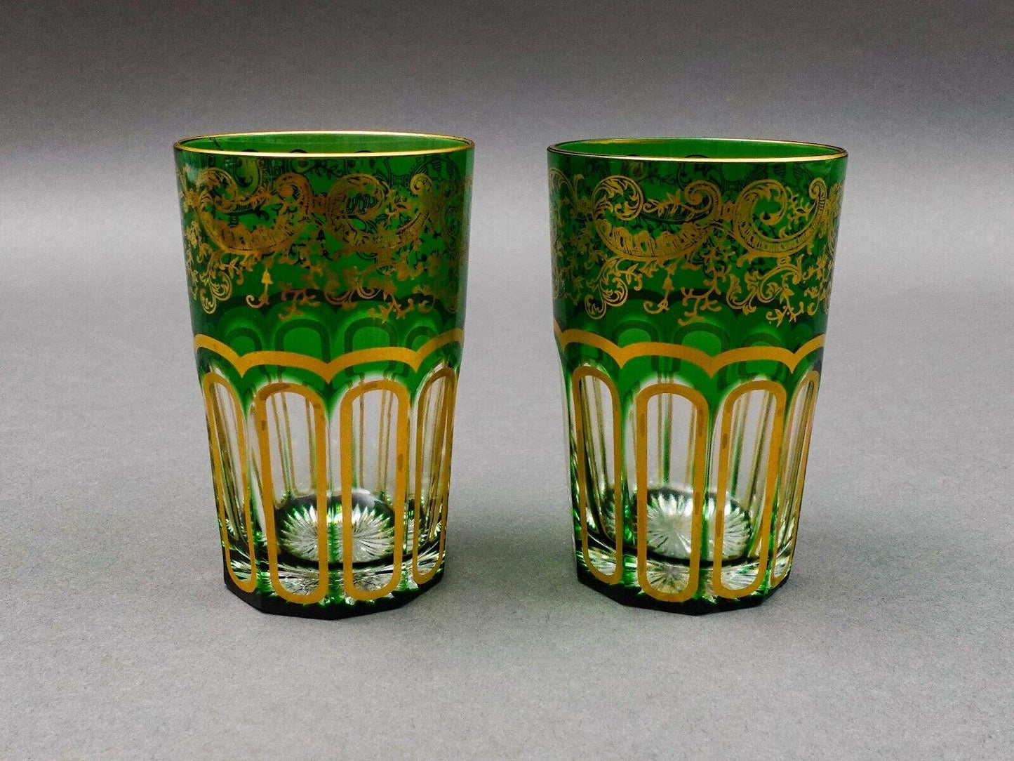 Saint St Louis Crystal France Rabat Green Gold Gilded Tea Tumbles Glass Set Of 2