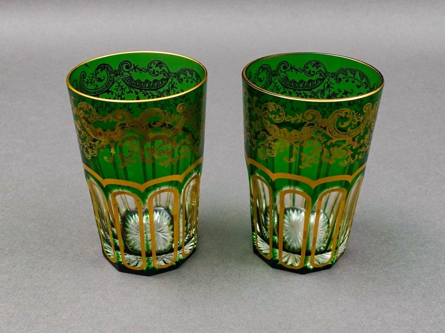 Saint St Louis Crystal France Rabat Green Gold Gilded Tea Tumbles Glass Set Of 2
