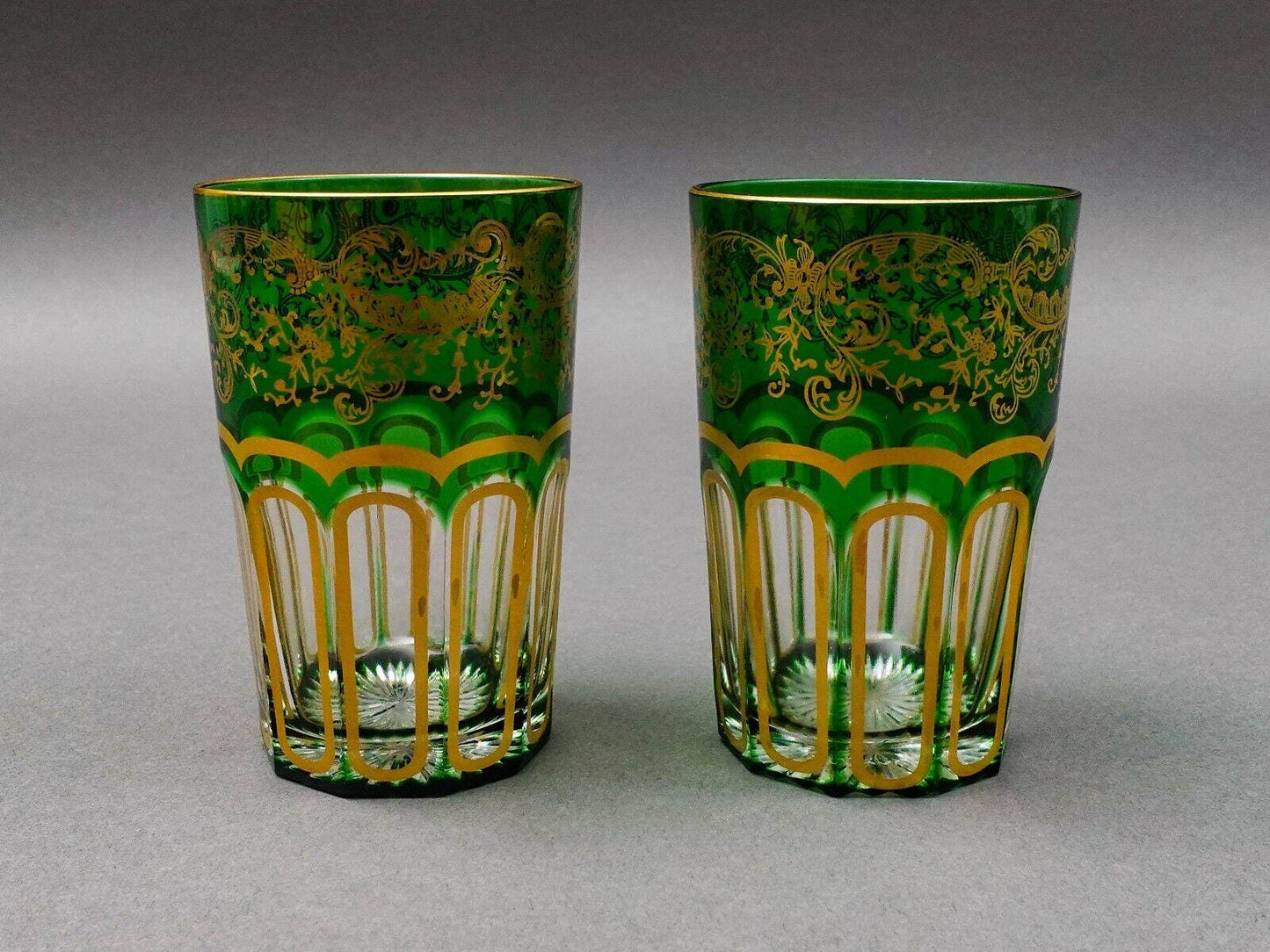 Saint St Louis Crystal France Rabat Green Gold Gilded Tea Tumbles Glass Set Of 2